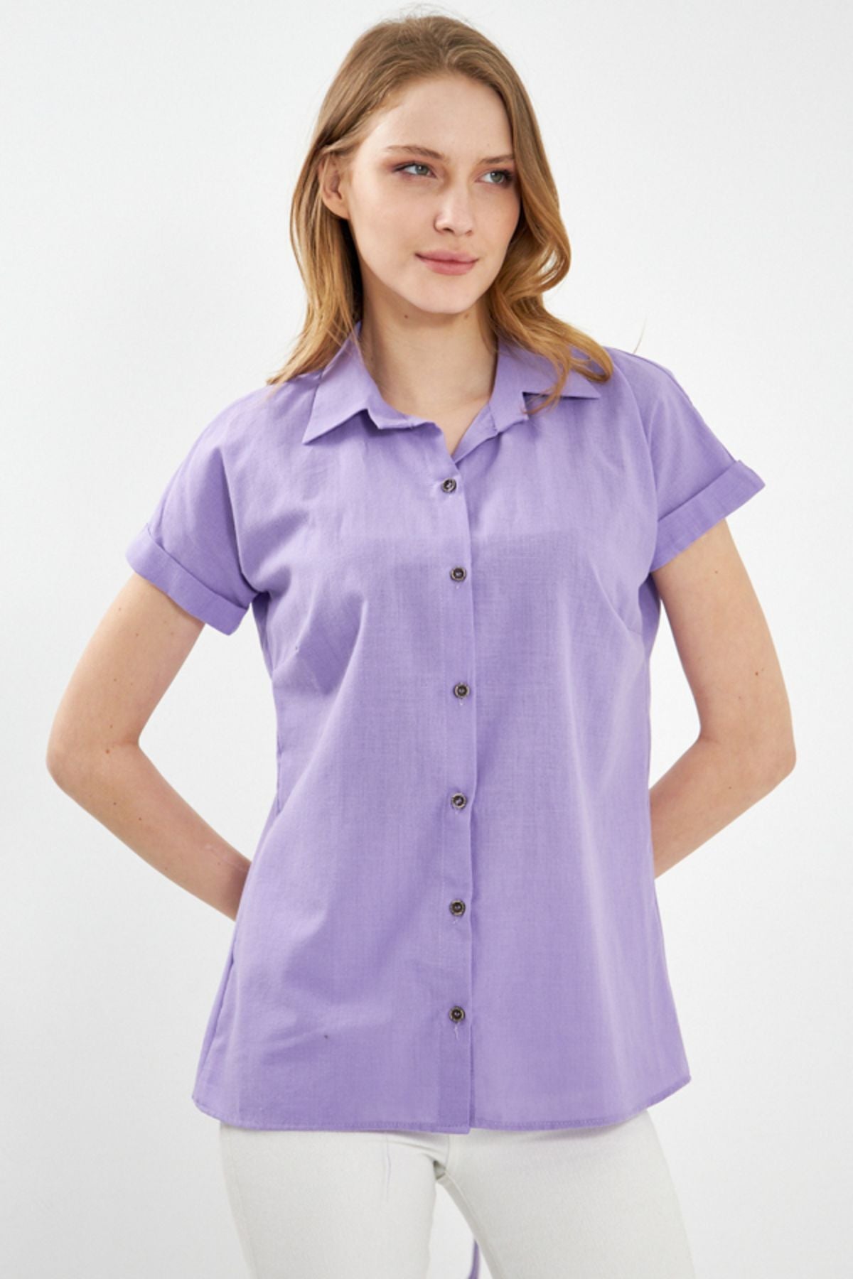 Women's Lilac Short Sleeve Linen Shirt ARM-24Y001038