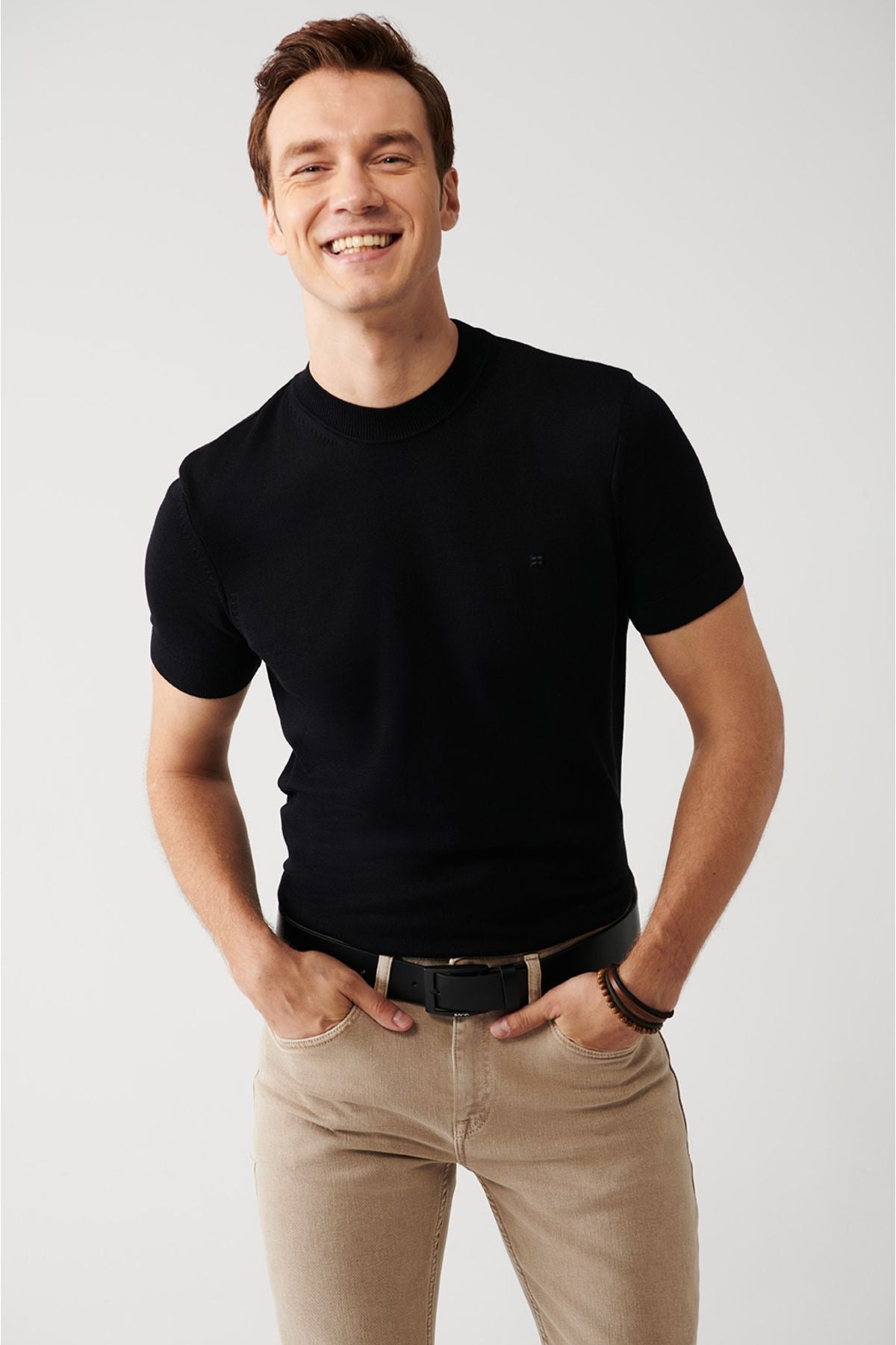Men's black half fisherman collar short sleeve knitwear t-shirt B005025