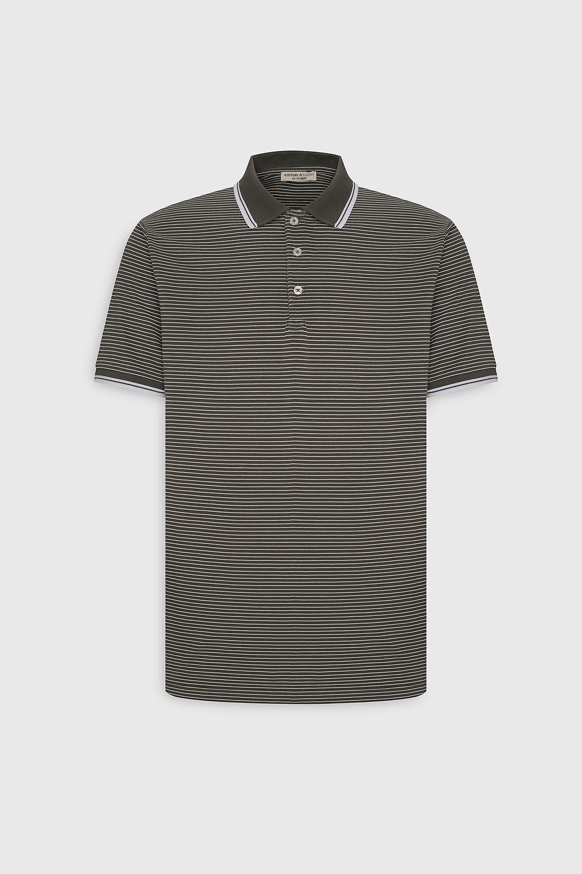 Men's Khaki-White Slim Fit Narrow Cut Cotton striped Polo Yaka T-shirt