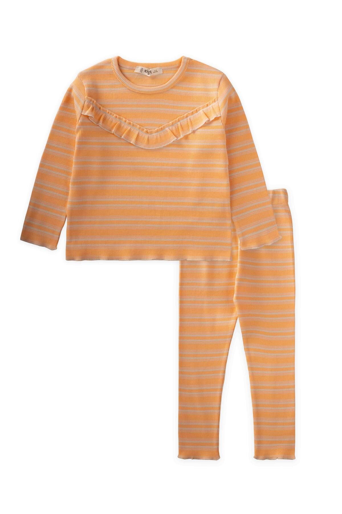 Ruffle detailed striped seasonal girl set 1-8 years oranj stripe