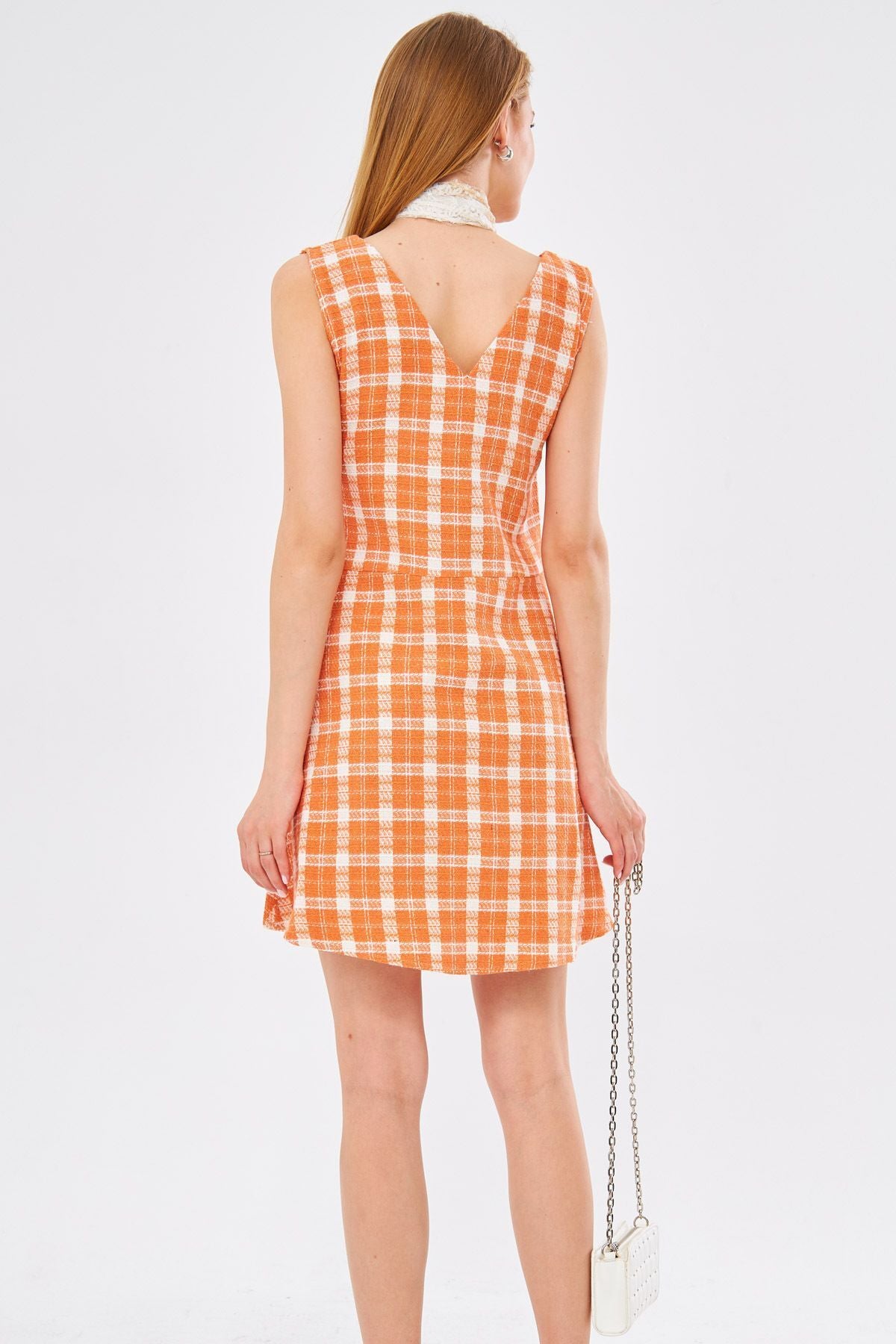 Female Orange Tüvit Front Rear V-Neck Sleeveless Clash Mini Dress ARM-24K001073