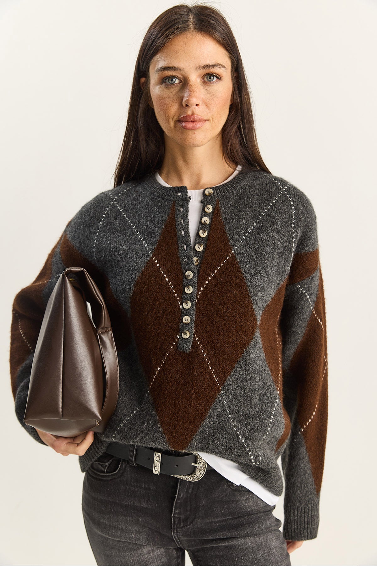 Women's 11 Buttons Diamond Patterned Basic Knitwear Sweater 20251089