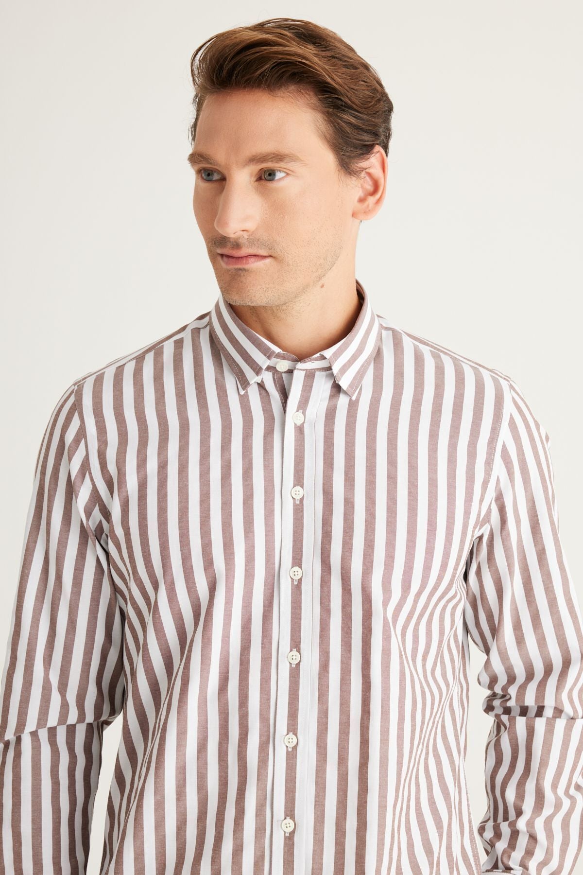 Men's Brown White Slim Fit Narrow Cut Hidden buttoned collar cotton shirt