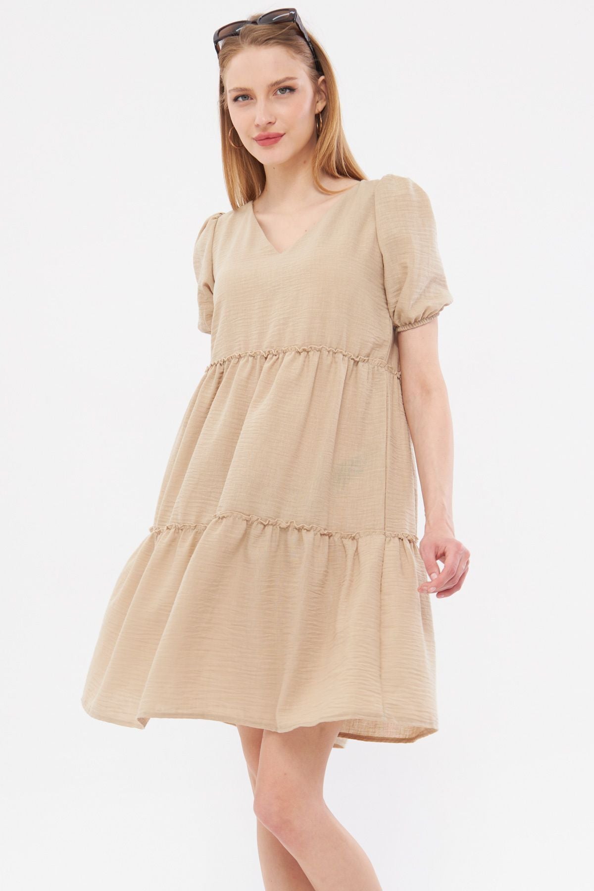 Female beige linen looking V-neck Short Arm Ruffle Dress ARM-24Y001071