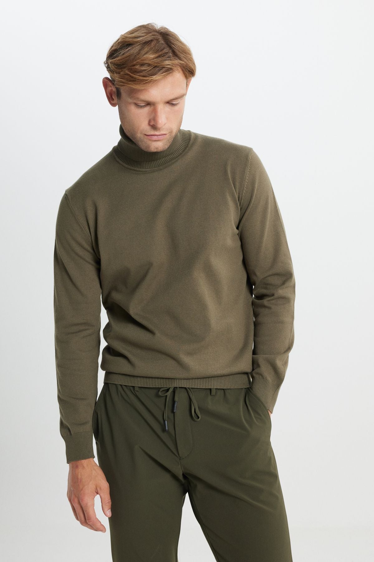 Men's Khaki Cotton Standard Fit Normal Cut Full Fisherman Neck Basic Knitwear Sweater