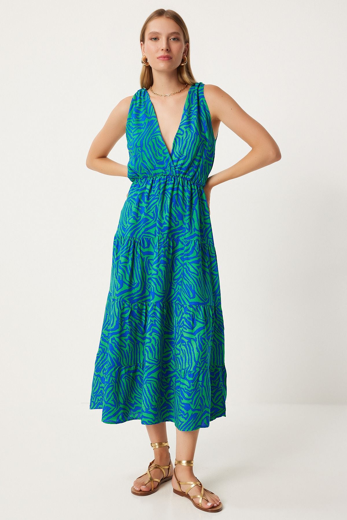 Female green blue pattern V -neck summer viscose dress CI00110