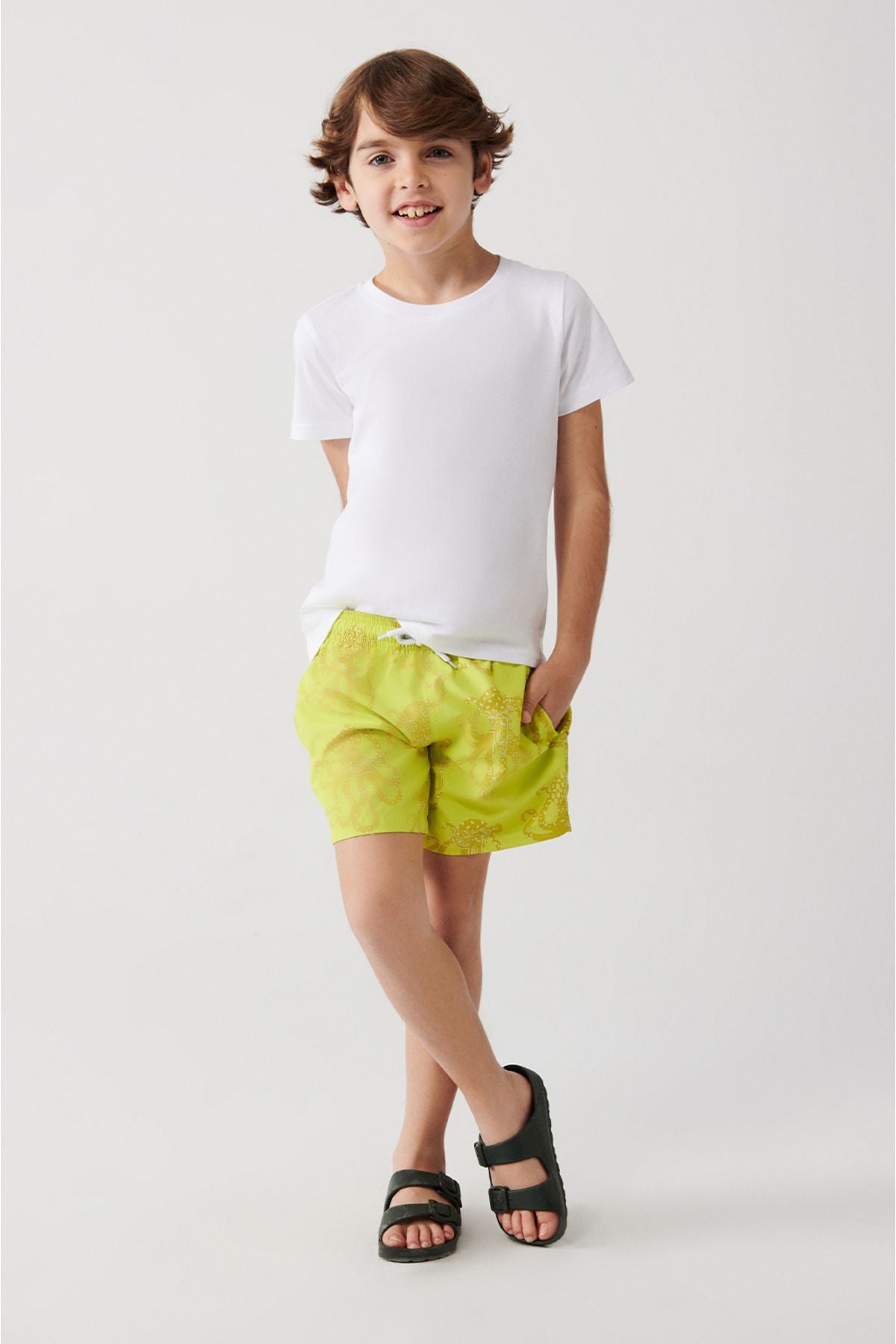 Yellow Fast Drying Octopus Printed Standard Length Children Special Boxed Comfort Fit Mayo Sea Short