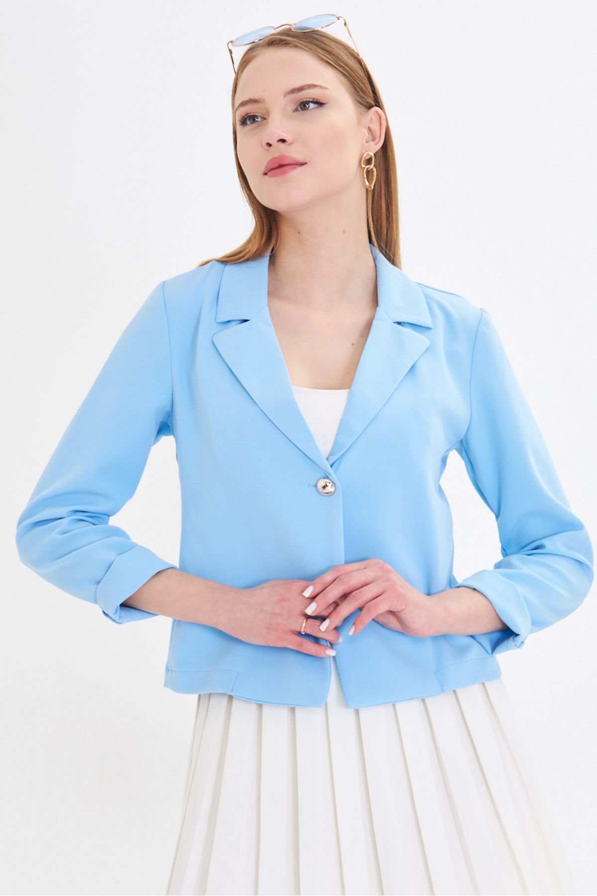 Woman Baby Blue Single Button Crop Jacket ARM-22Y001237