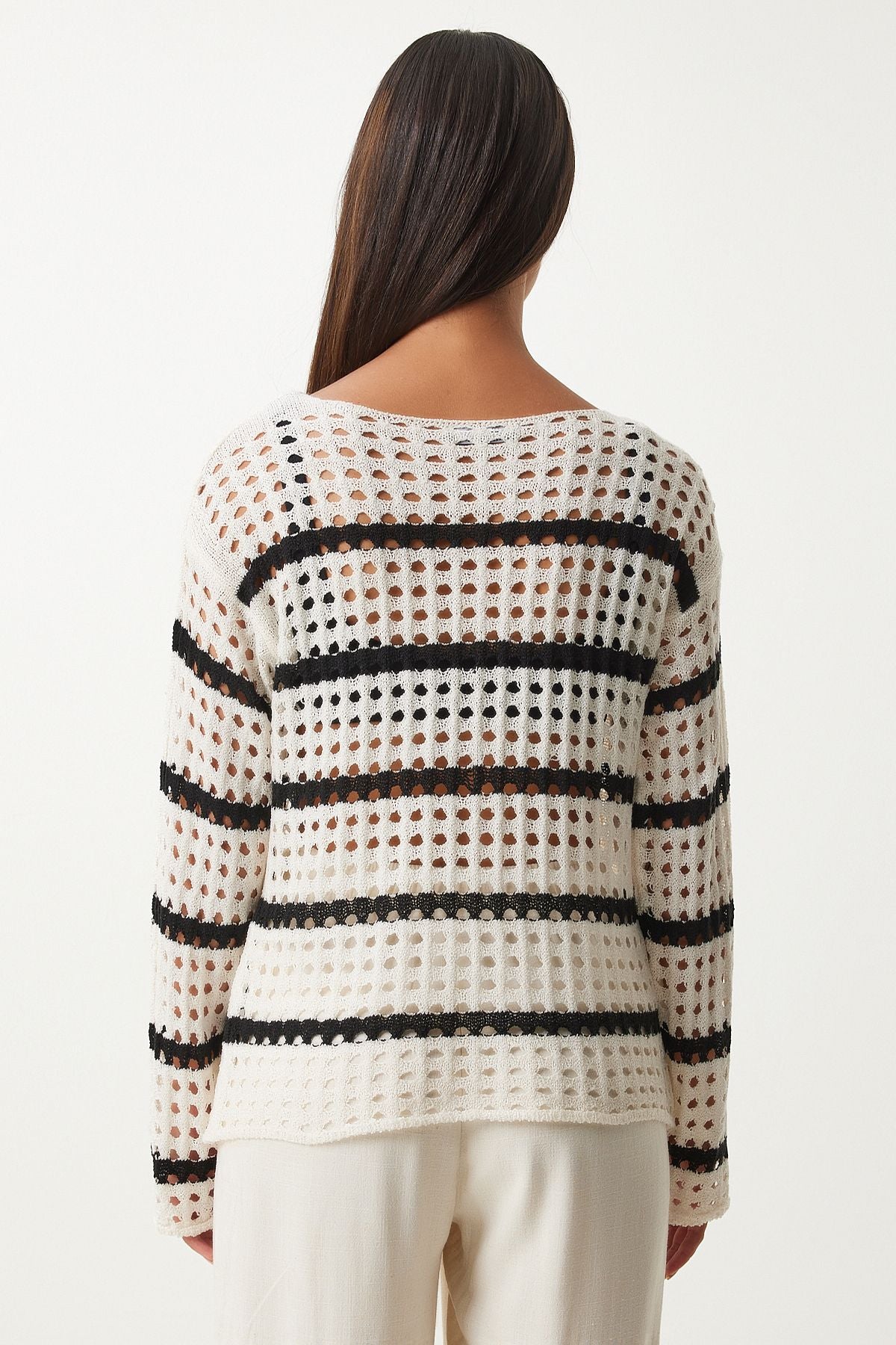 Female Black Ecru Striped Triko Blouse FN03212