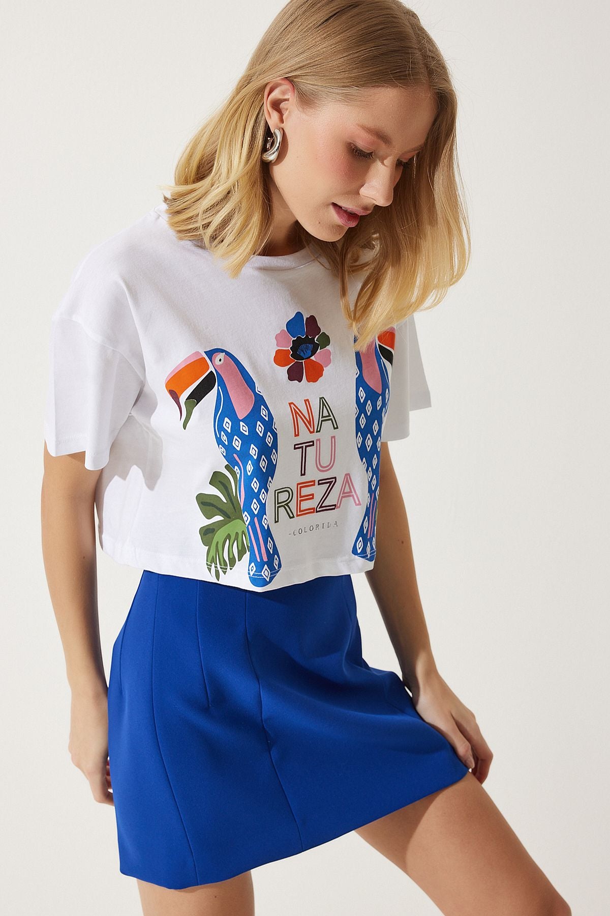 Woman White Printed Crop knitting T-shirt EW00008