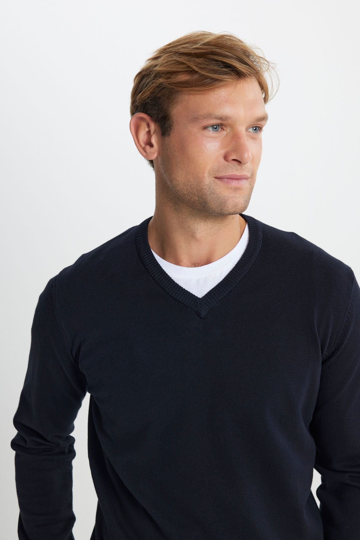 Men's Navy Blue Cotton Standard Fit Normal Cut V -Neck Basic Knitwear Sweater