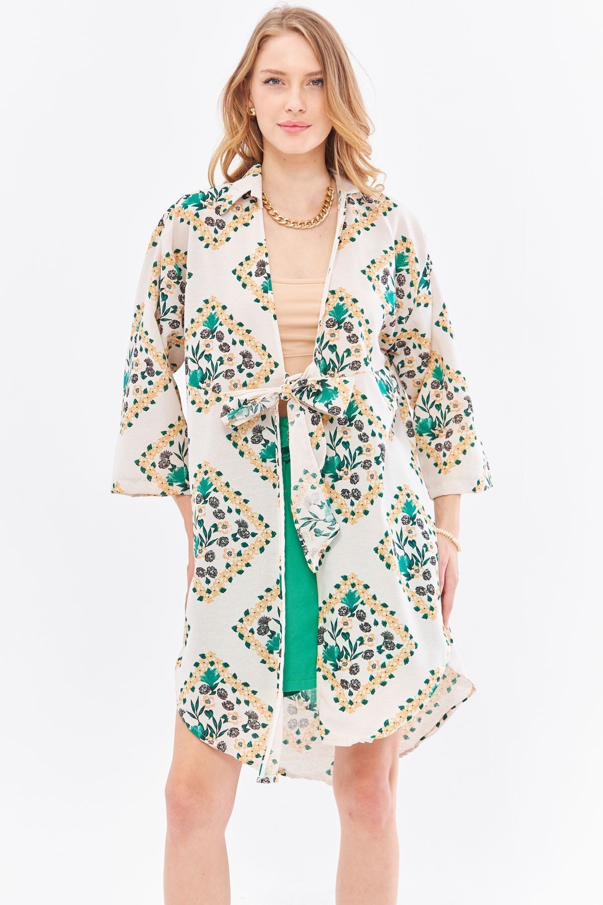 Female Dark Green Linen-Looking Patterned Patterned Midi Boy Kimono Shirt ARM-24Y001096