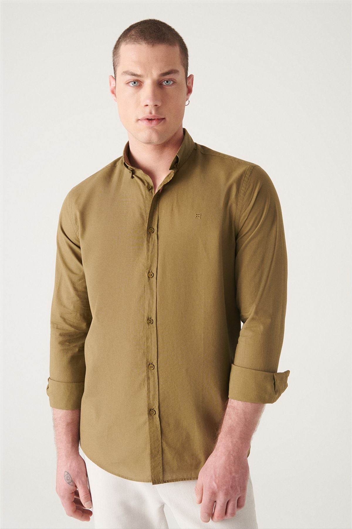 Men's Khaki 100 %Cotton Futter Soft key buttoned collar shirt E002206