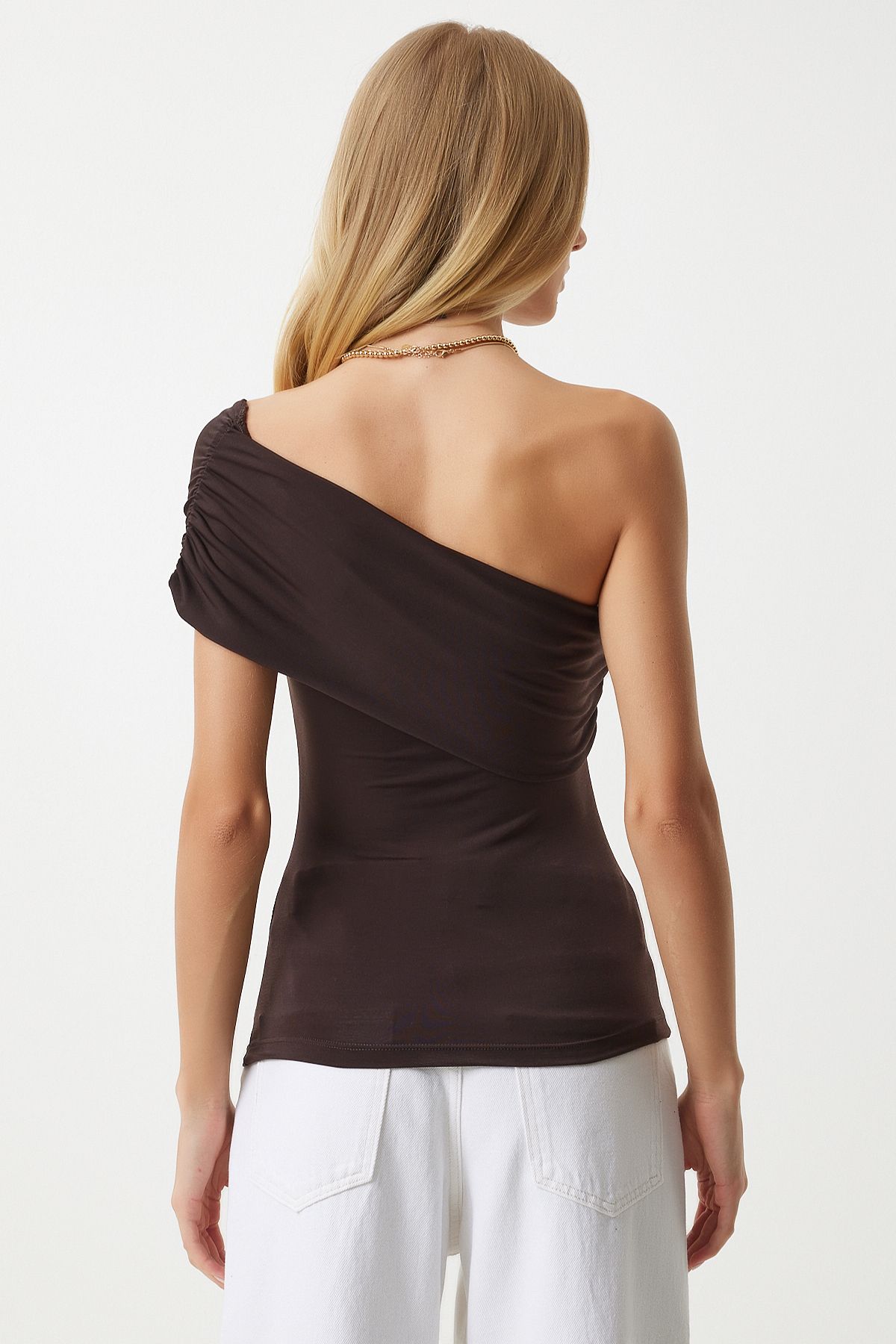 Female brown one shoulder shirred knitted blouse dz00112
