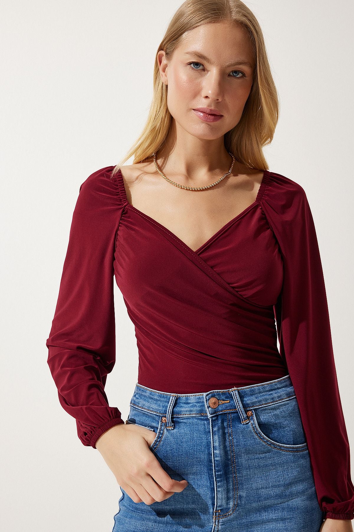 Female Bordeaux Elastic Balloon Sleeze Sandy Knitting Blouse FF00154