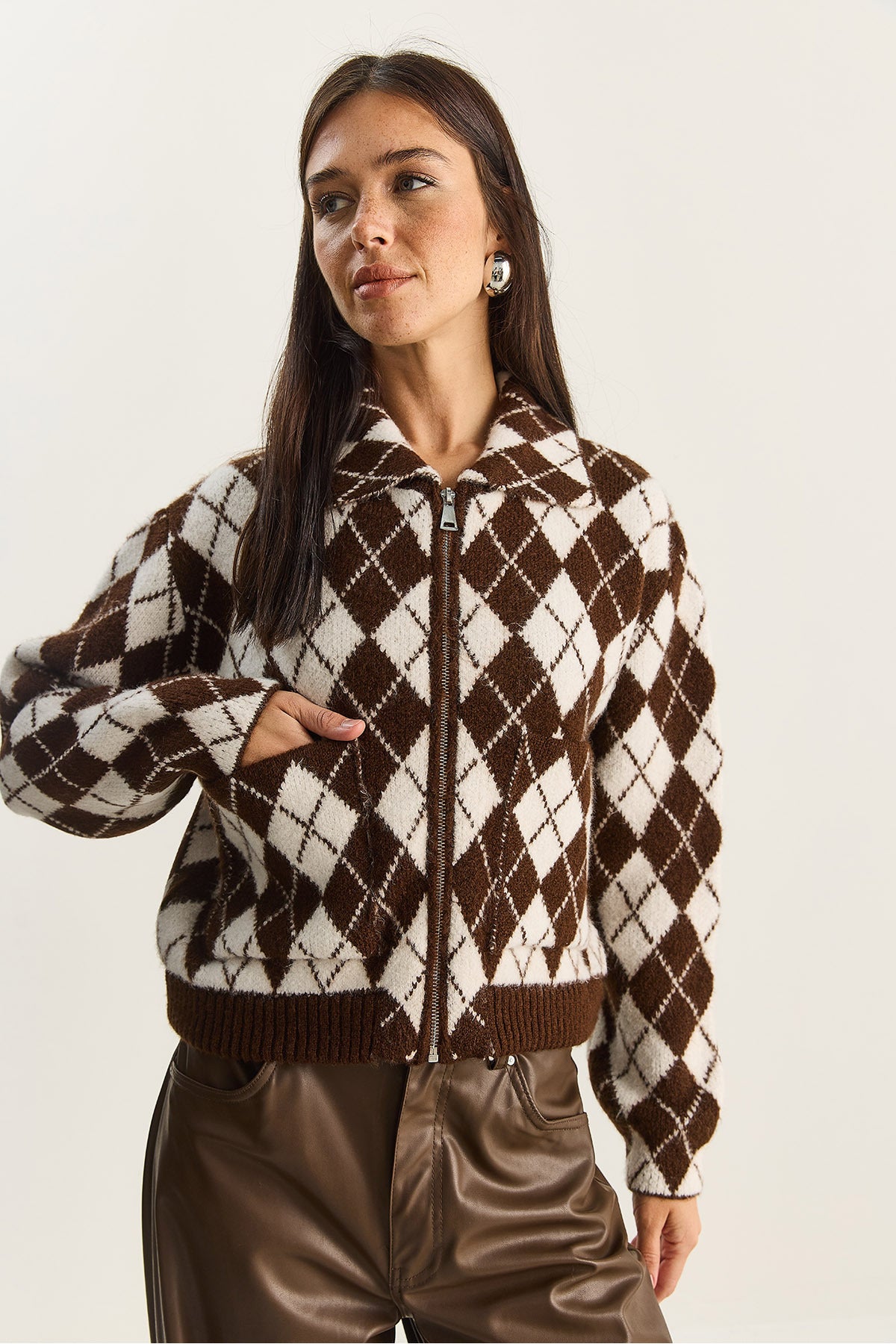 Women's Diamond Patterned Collared Zippered Knitwear Cardigan 20251099