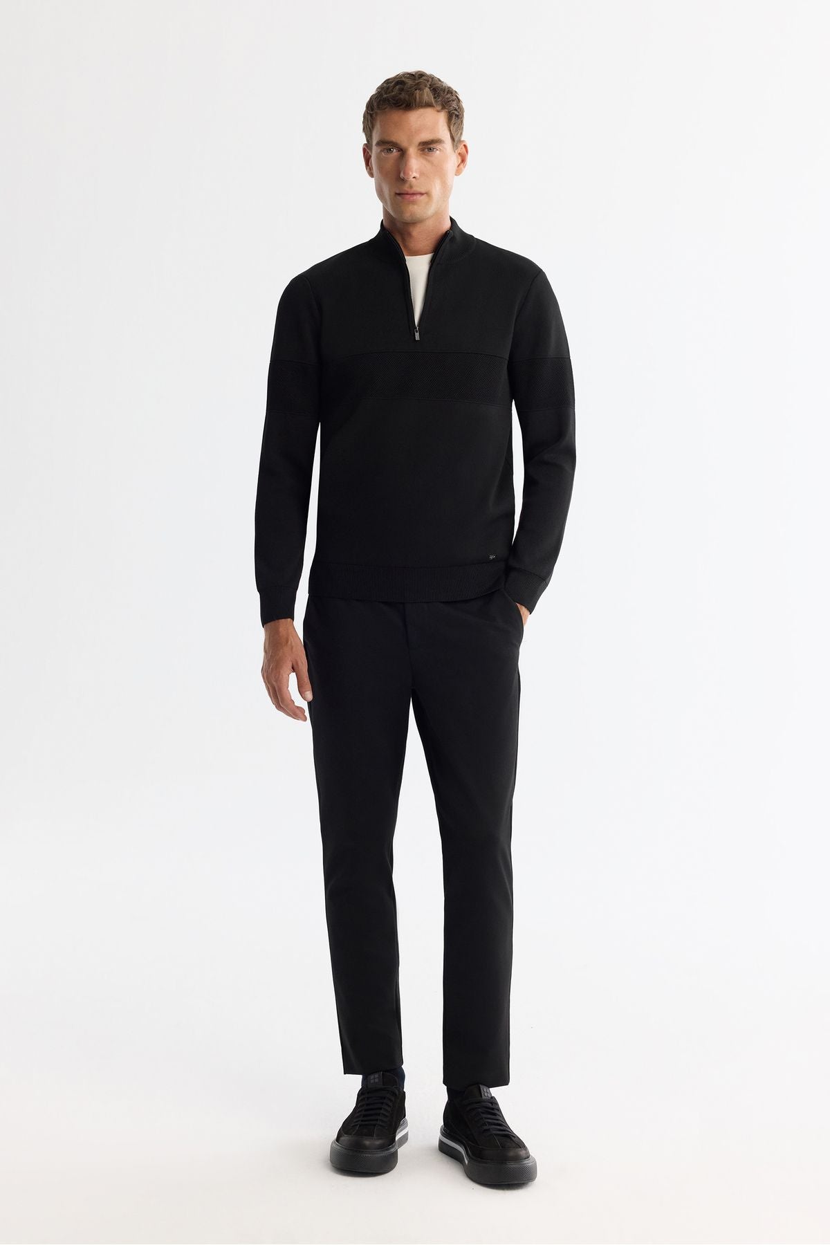 Men's black zipper upright collar front tissue detailed knitwear sweater A42Y5031