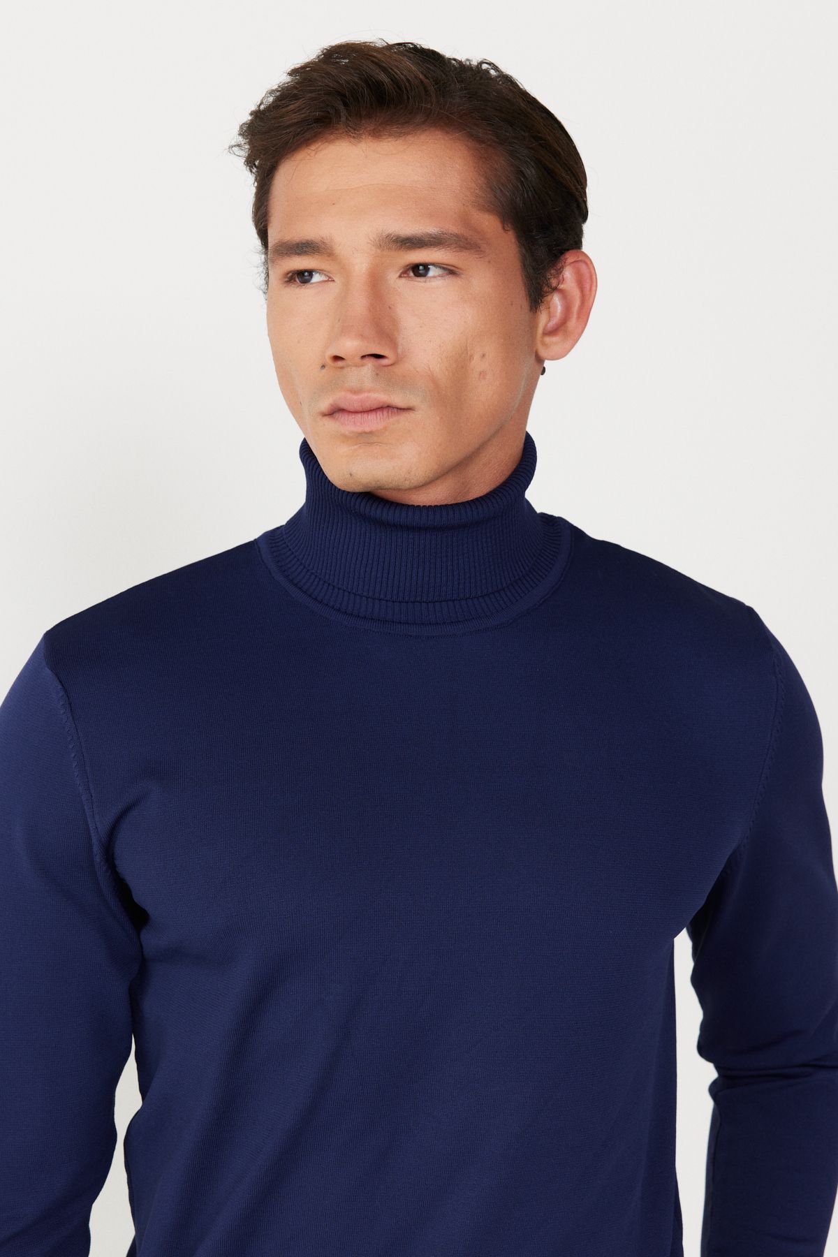 Men's navy blue standard fit normal cut full fisherman collar soft textured basic knitwear sweater