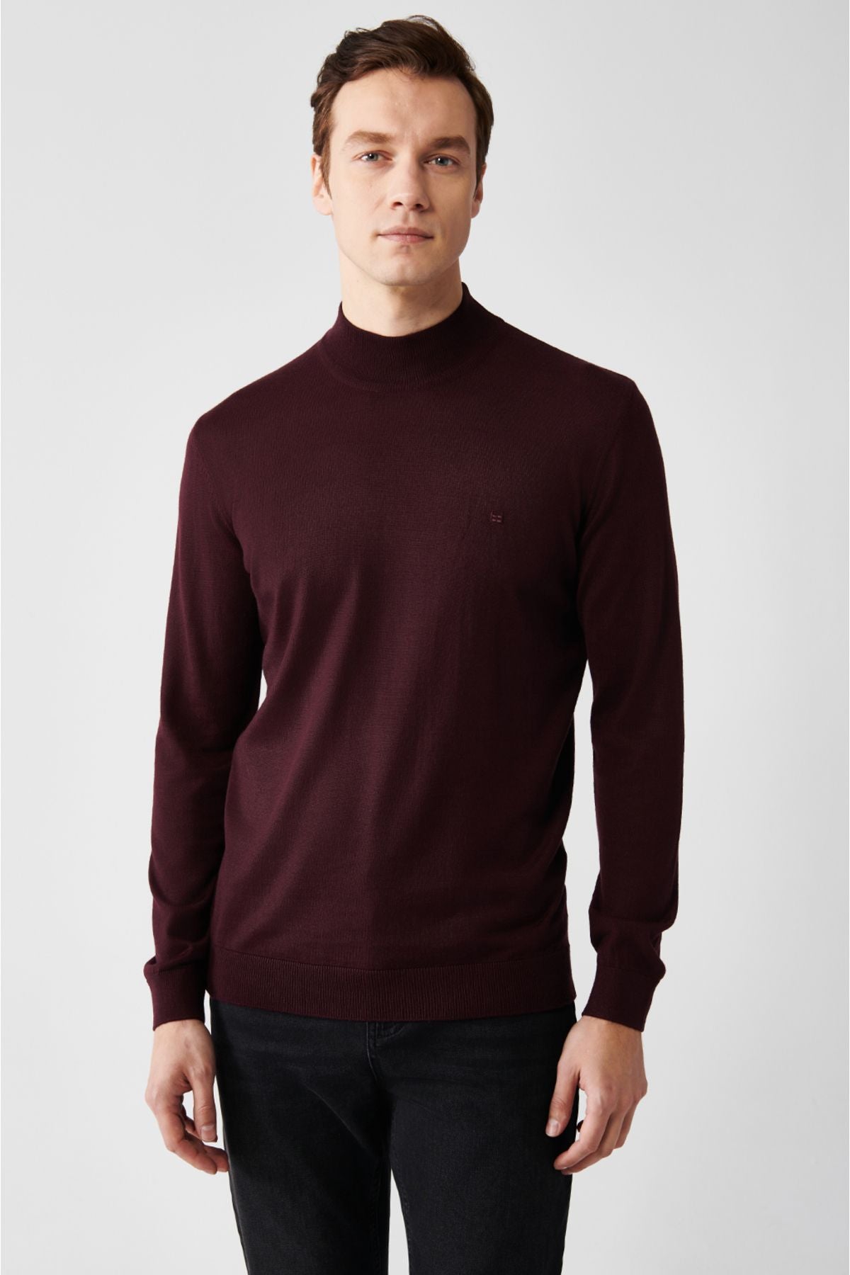Men's Bordeaux Half Fisherman Neck Wool Mixed Knitwear Sweater B005015