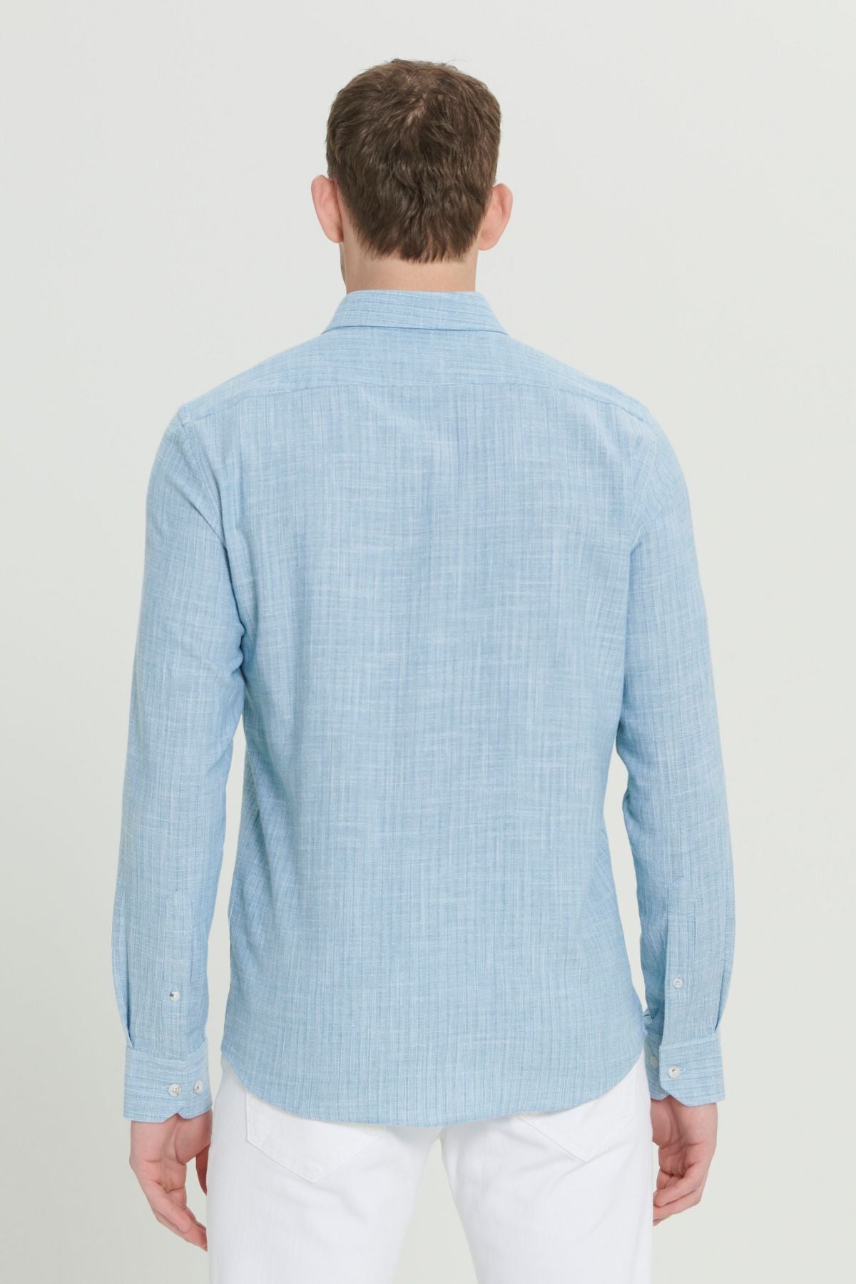Men's green 100 %cotton slim fit narrow cut hidden buttoned collar linen -looking flalam shirt
