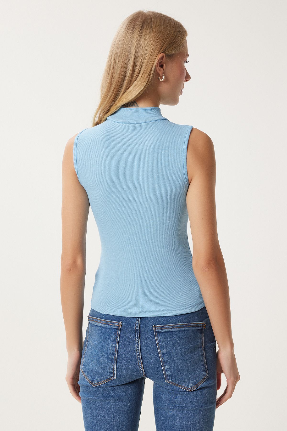 Woman Sky Blue Beige Fisherman Neck Sleeveless 2 Pack Knitting Blouse GT00012