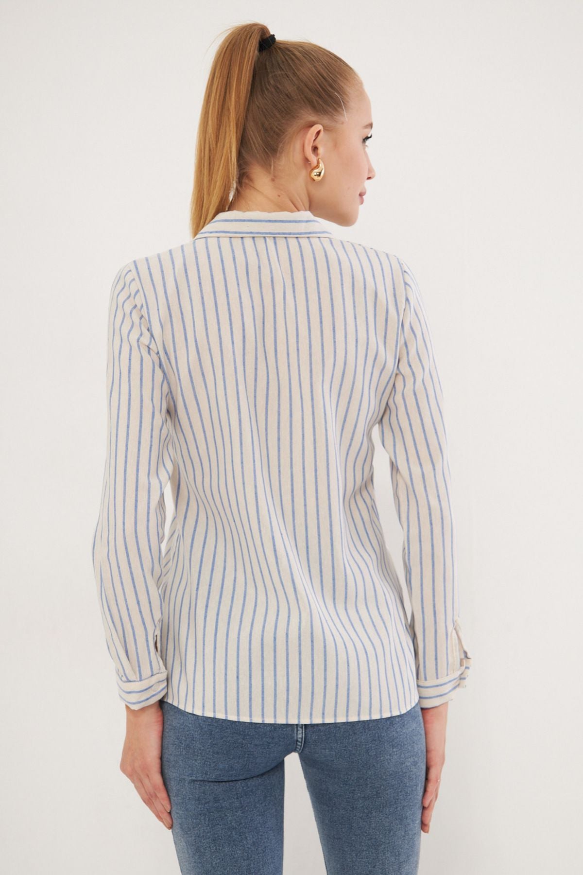 Women's Blue White Patterned Long Sleeve Shirt ARM-25K001040