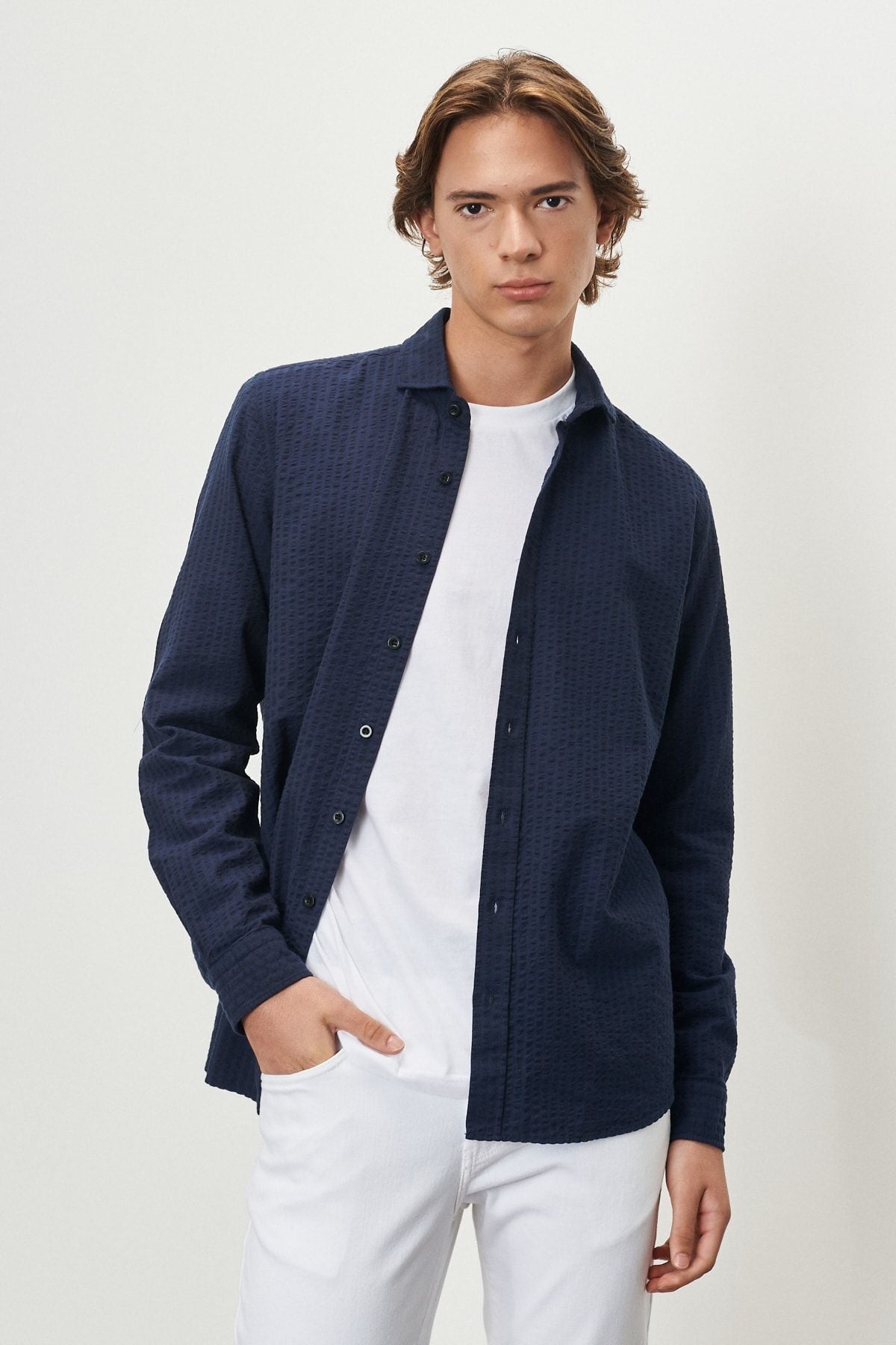 Men's Navy Blue Slim Fit Narrow Cutting Italian collar 100 %Cotton Wafer Shirt
