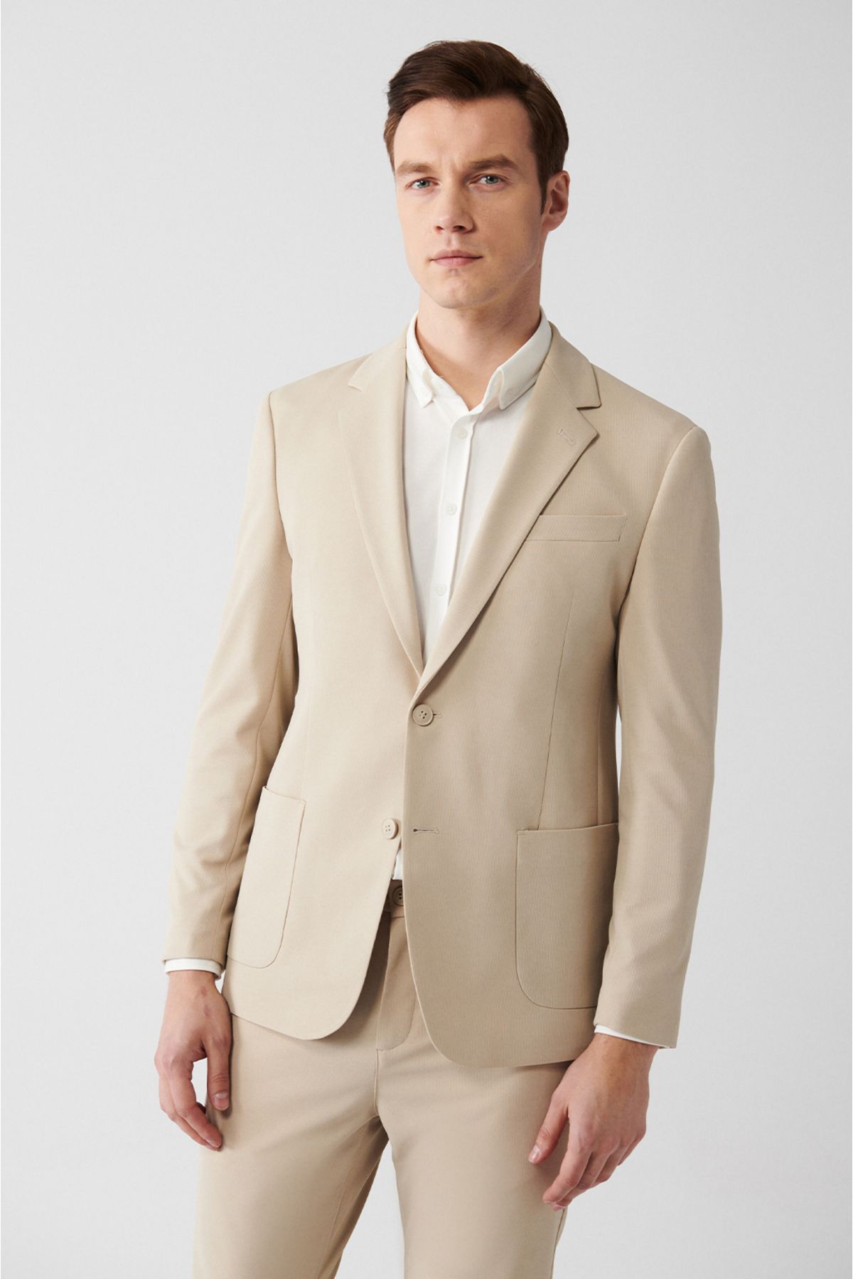Men's beige mono collar lined slit jersey fabric jacket B004000