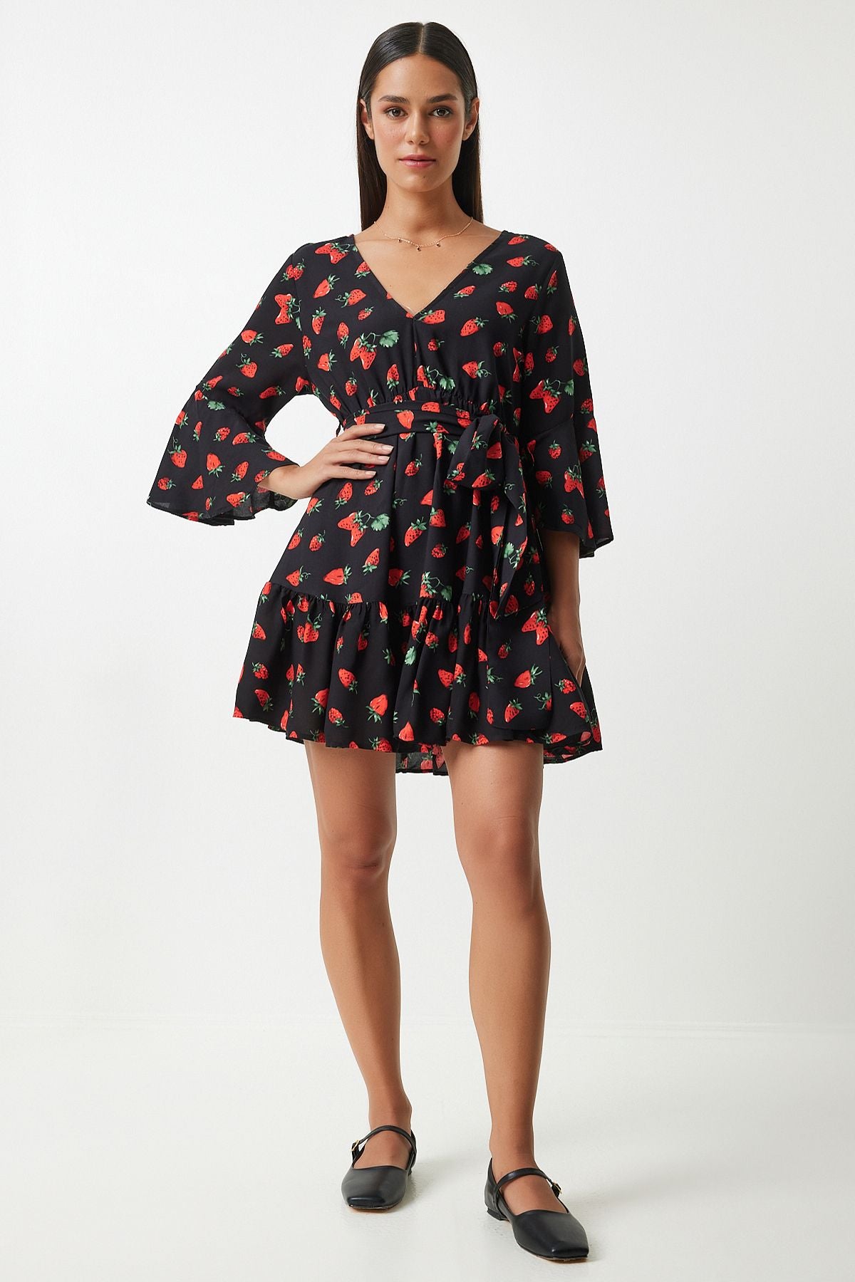 Woman Red Black Patterned Summer Viscon Clash Dress FN03202