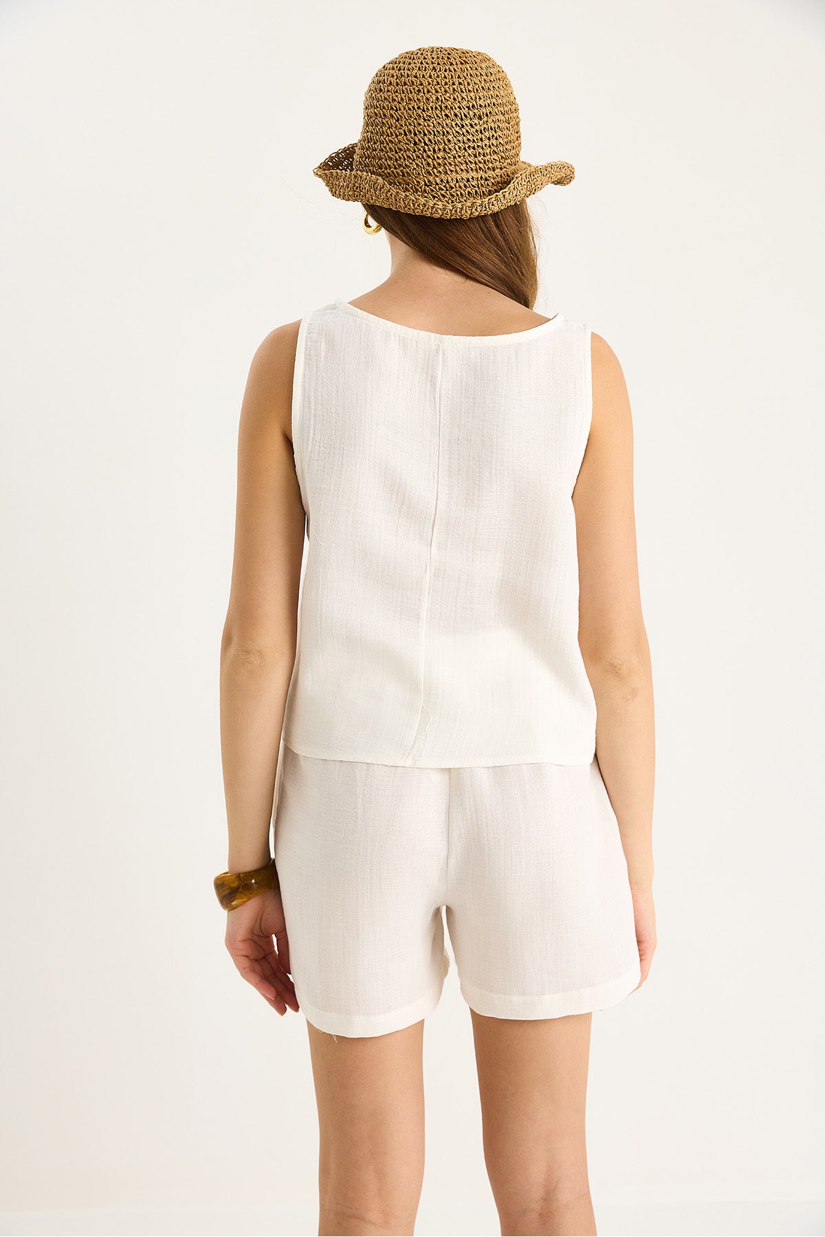 Women's Thick Strap Blouse with Elastic Waist Pocket Details Shorts Muslin Suit 3310 60283414