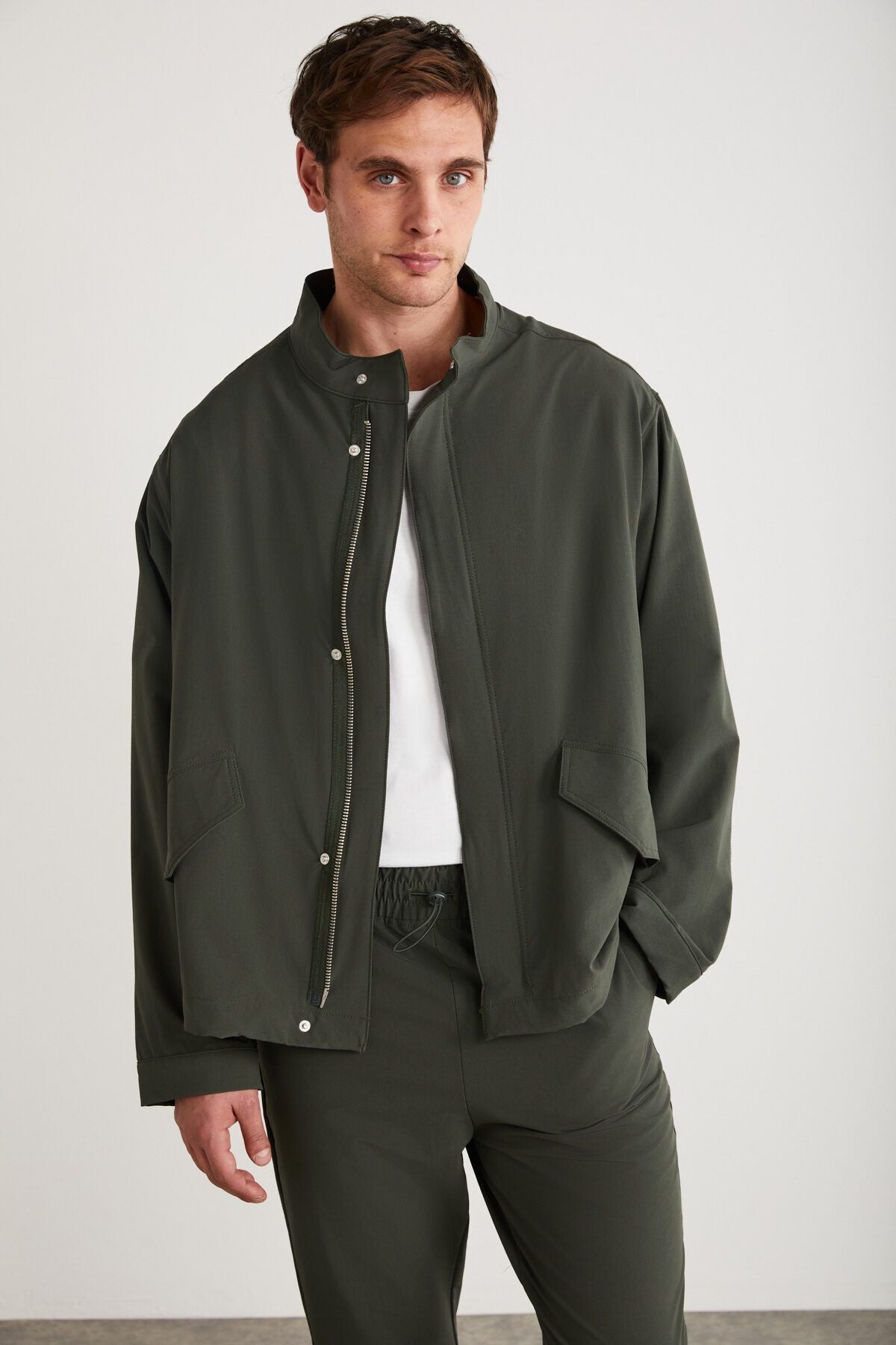 ROGER MEN'S MEN'S FLOAD BROKEN FABRIC BROKEN ZIPLET LINE ARM ARM HAND COATED POCKET GREEN JACKET