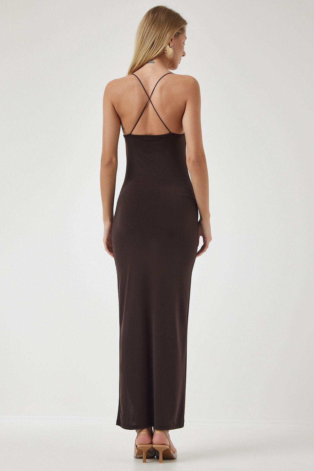 Woman Brown Cross Rope Slug with Slip Sandy Dress DZ00113