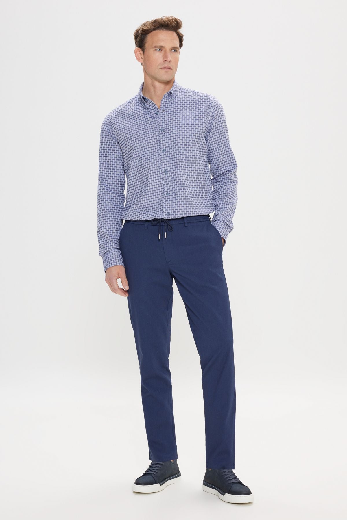 Men's Navy Blue Comfort Fit Casual Cut Cotton Waist Tied Side Pocket Amelor Pants