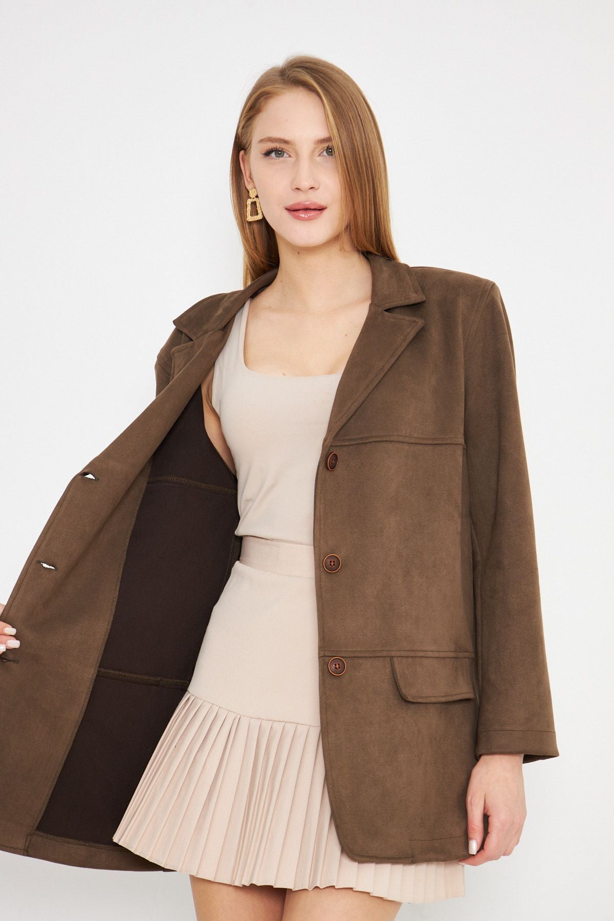 Woman Dark Coffee Coffee Credit Preceded Premium Premium Suede Oversize Jacket ARM-25K001057