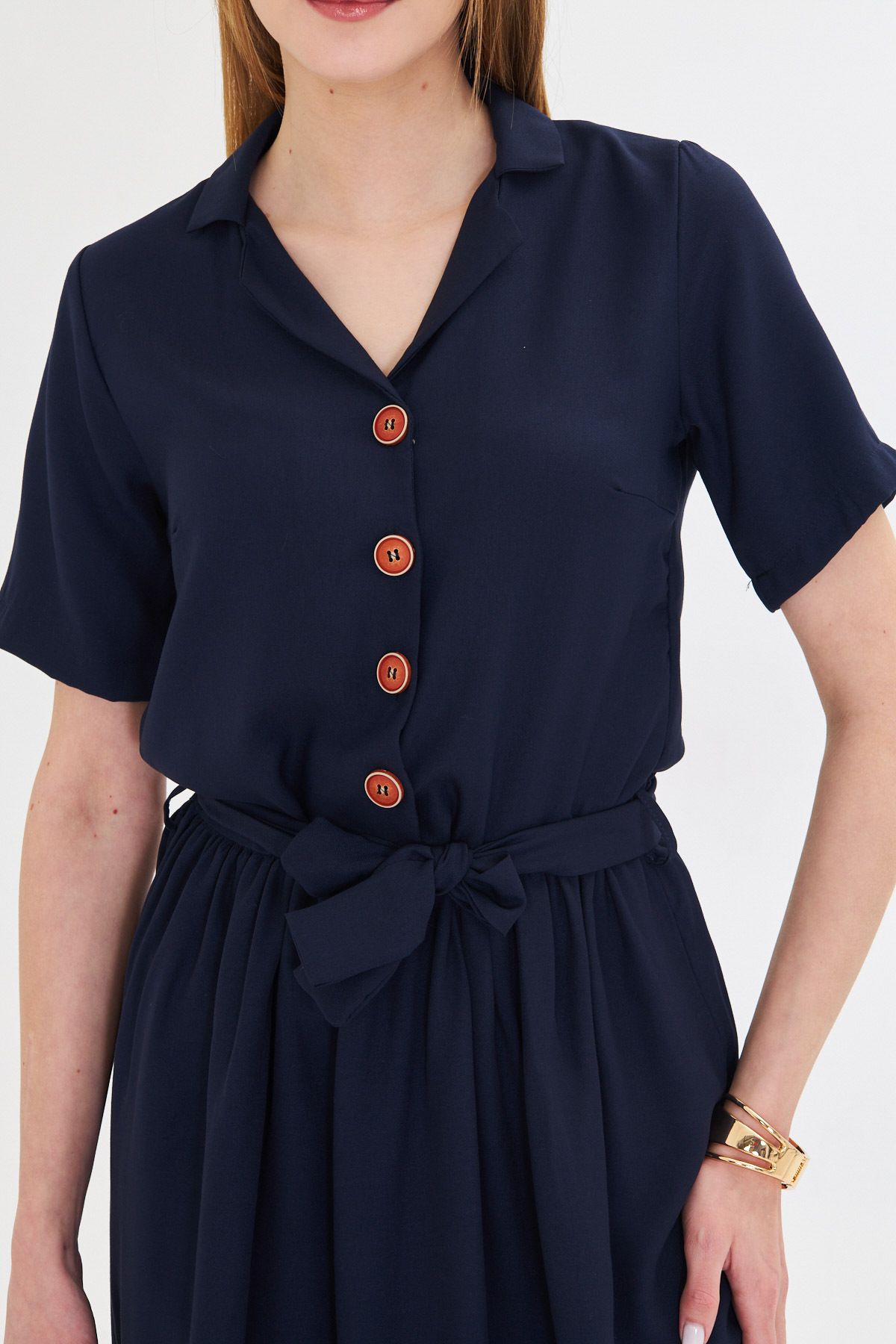 Woman Navy blue front buttoned waist shirred belt midi size dress ARM-24Y001068