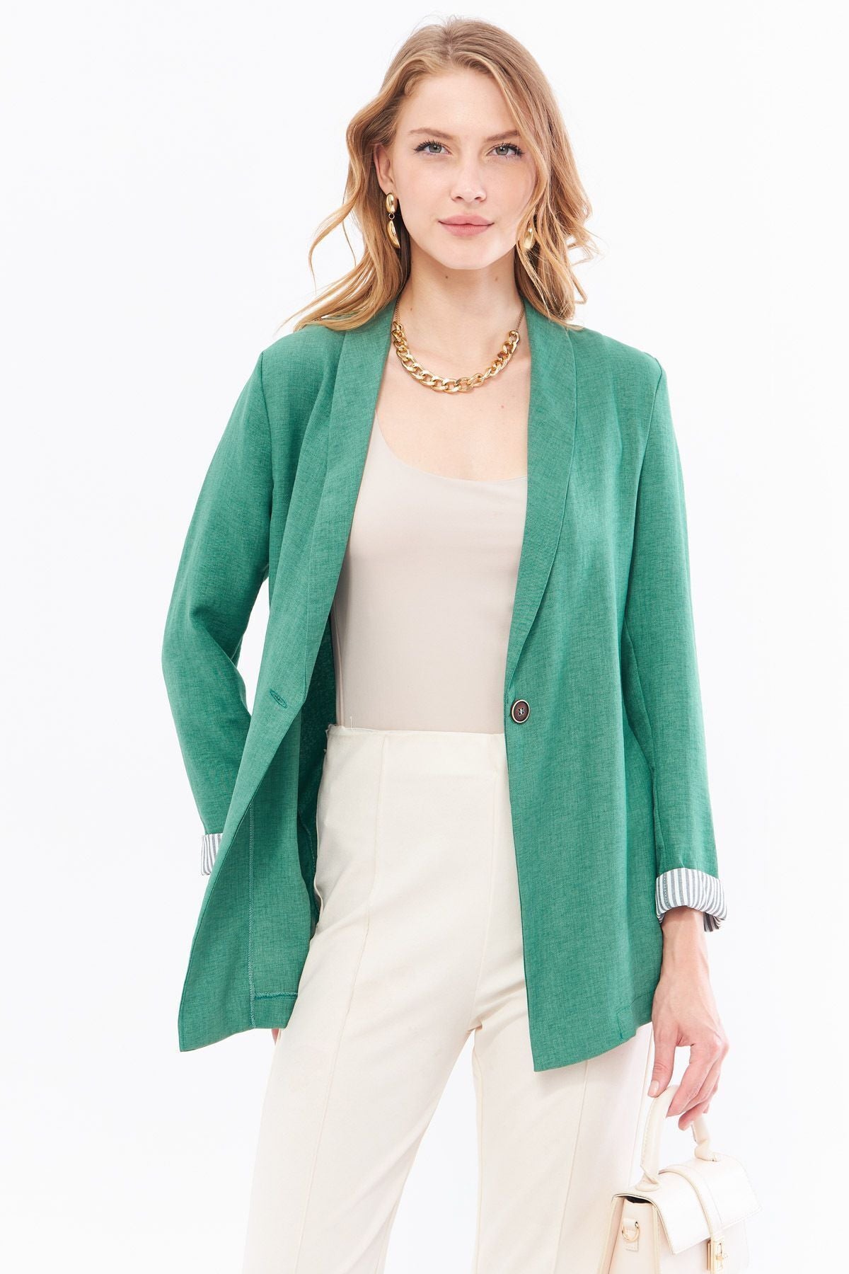 Female Cagla Green Integorm Striped Single button Jacket ARM-22K001122