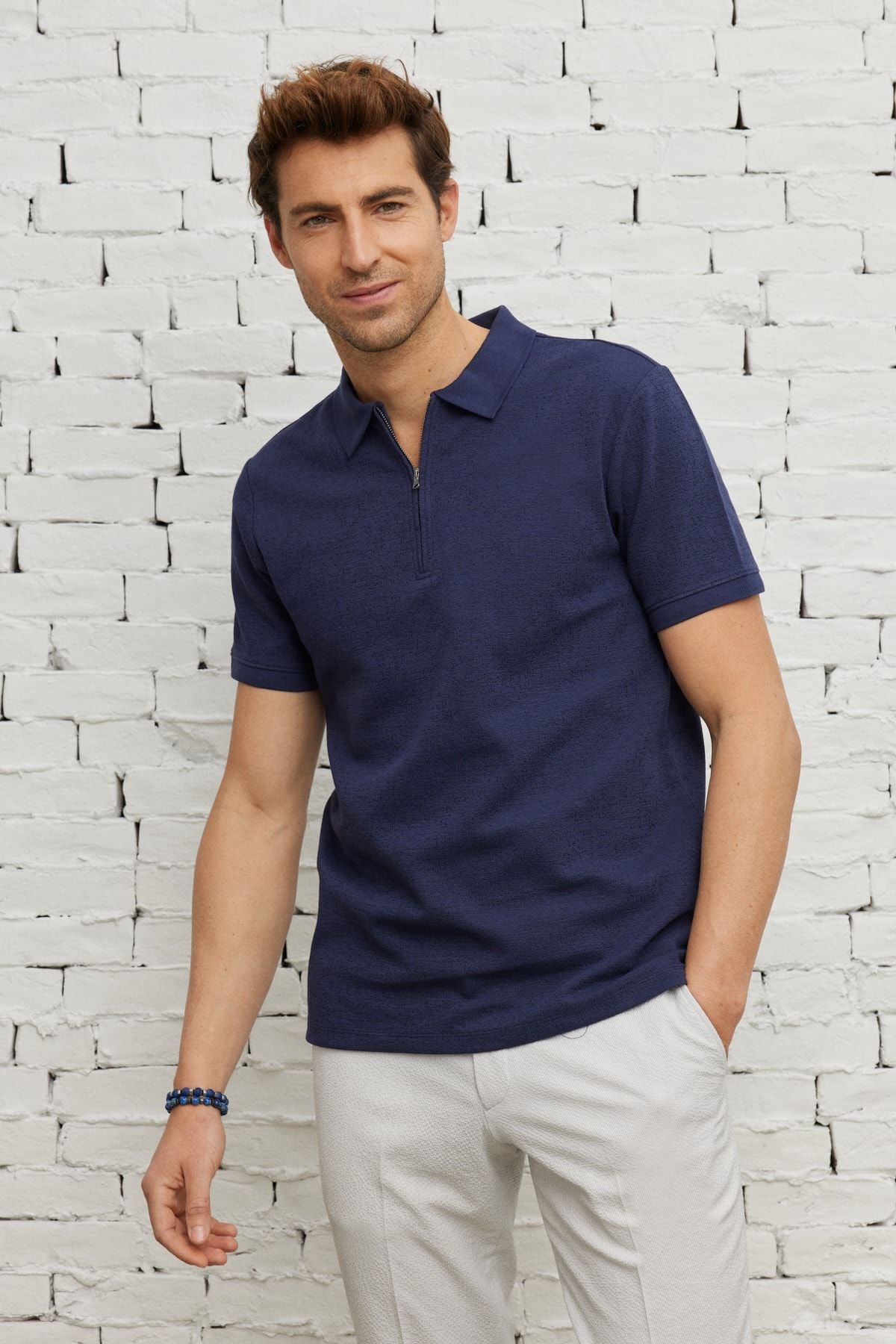 Men's navy blue slim fit narrow cut zipper