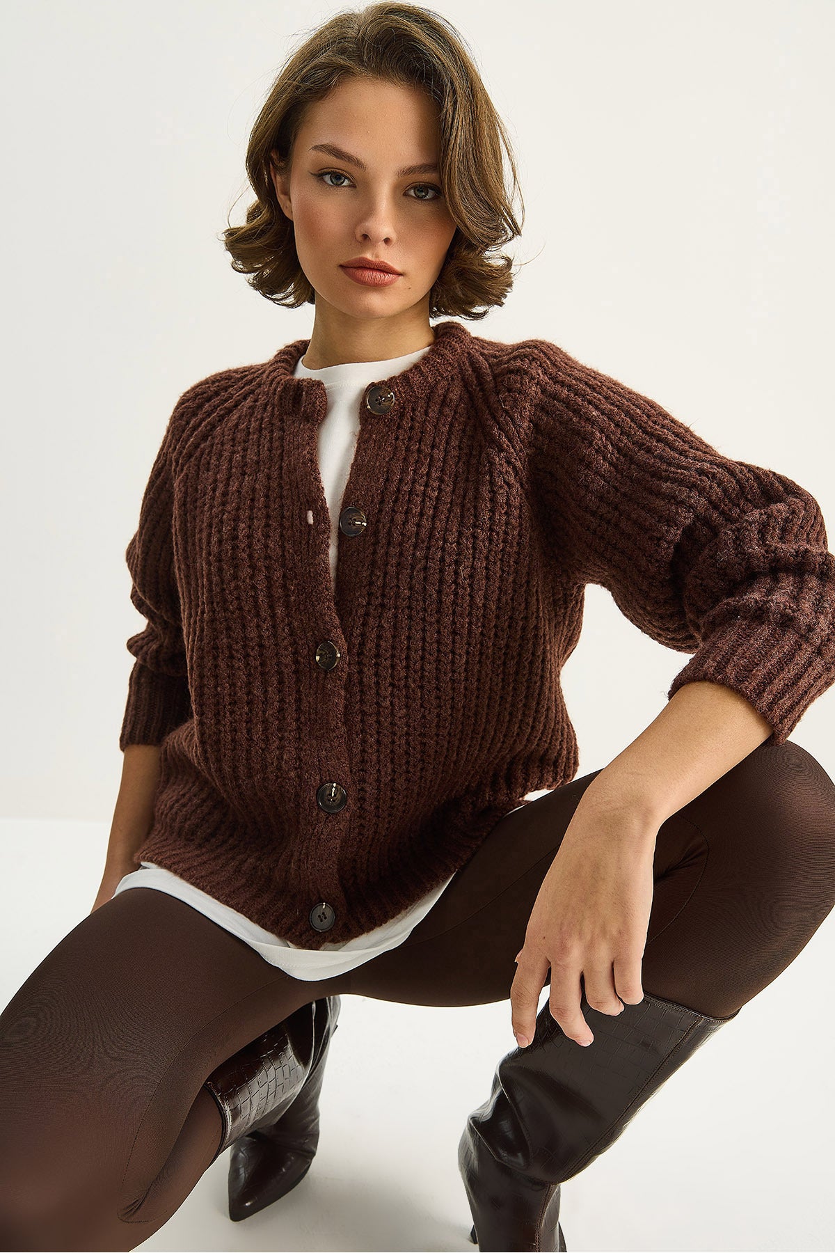 Women's Thick Knitted Crew Neck Knitwear Cardigan TH251061 60283743