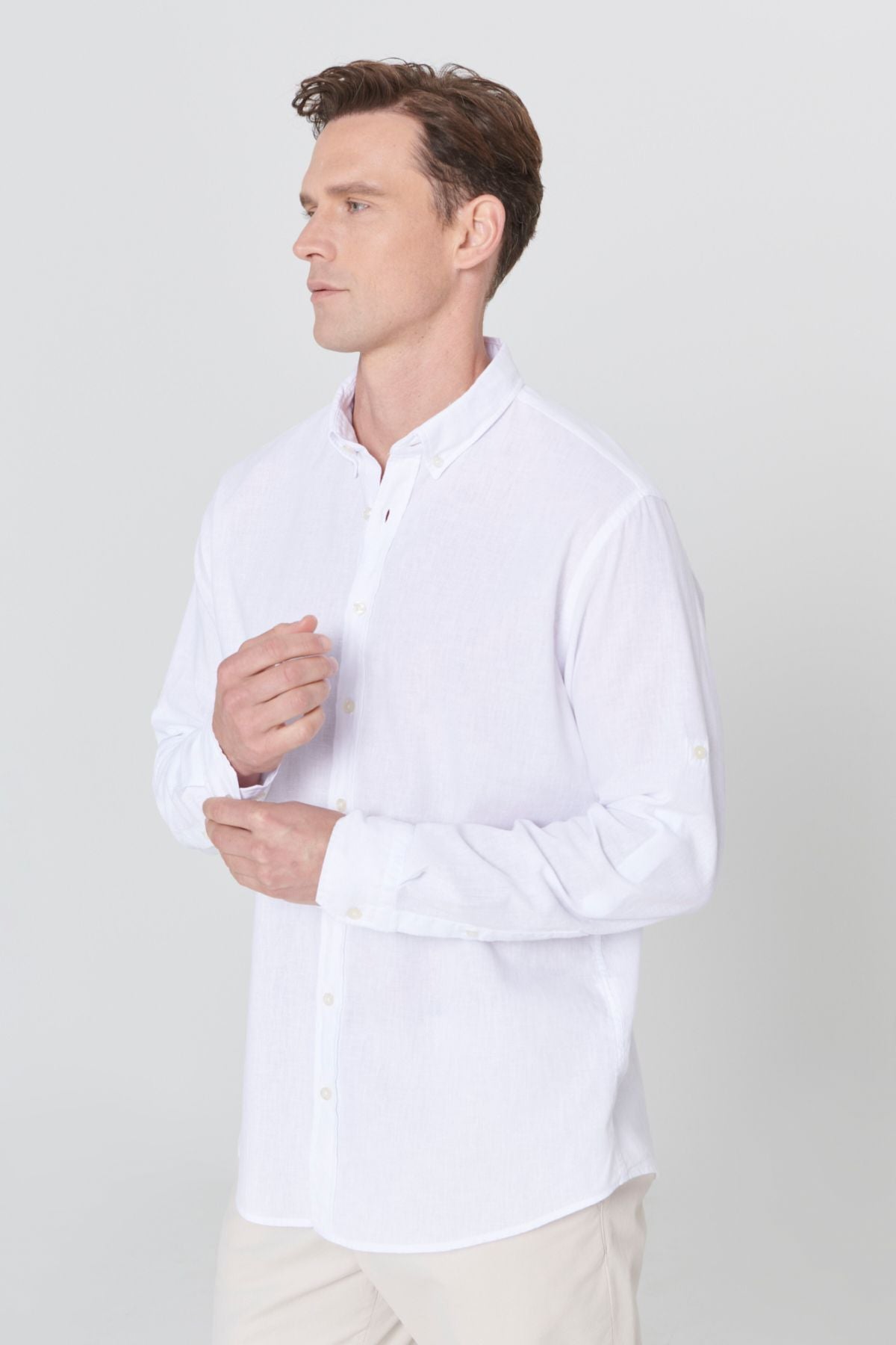 Men's white linen comfort fit comfortable cut buttoned collar casual shirt