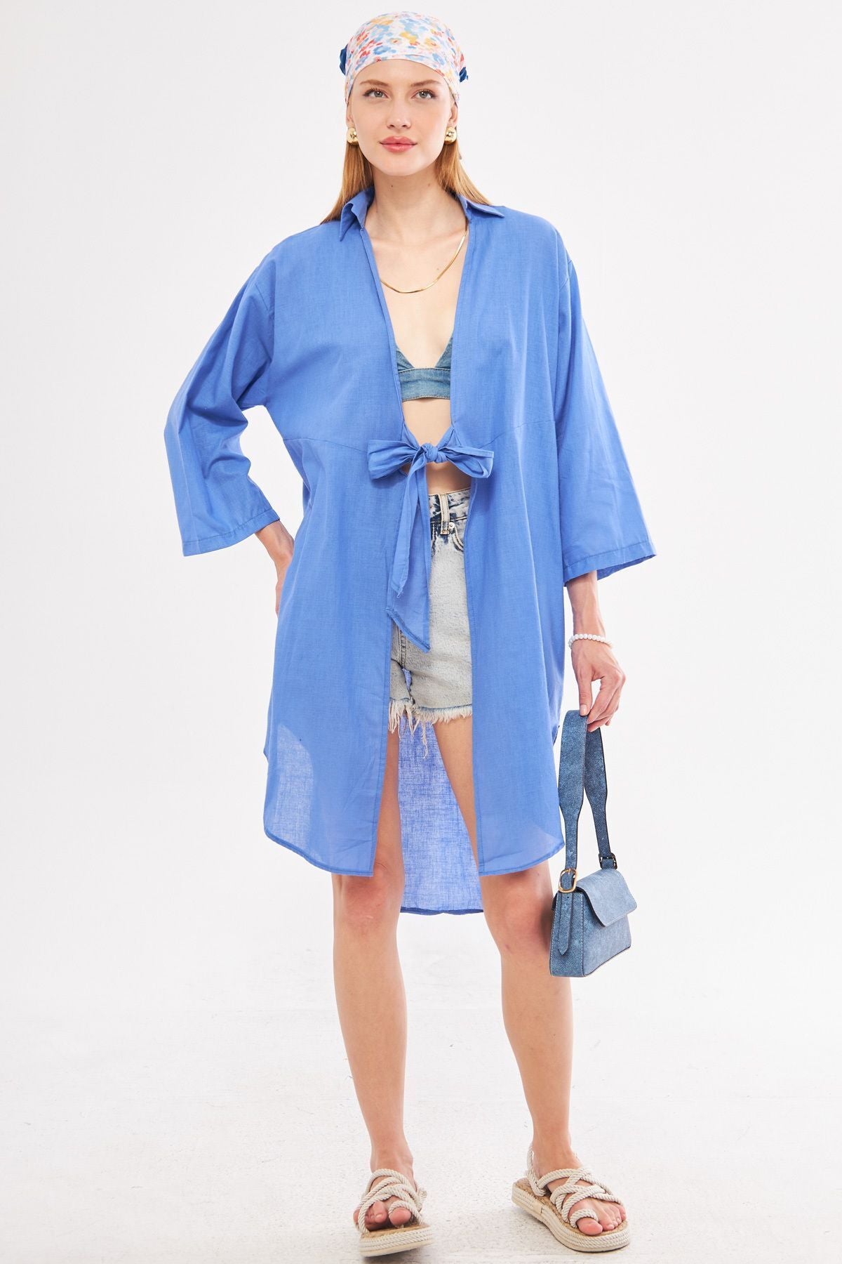 Female indigo front-binding thin linen fabric midi height kimono shirt ARM-24Y001081