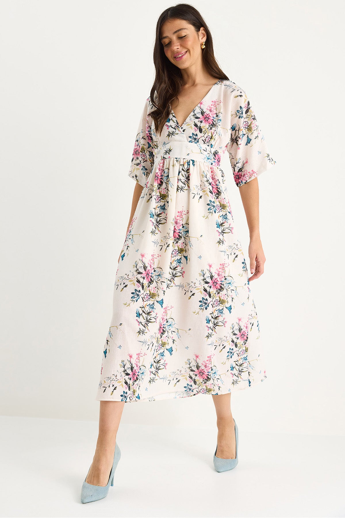 Women's V-Neck Waist Detailed Wide Sleeve Floral Patterned Linen Textured Lined Dress 3047 60283362