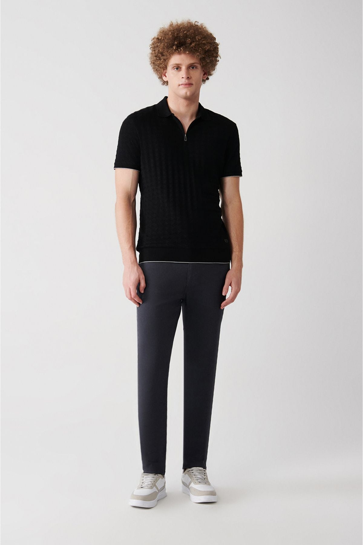 Men's Black 100 %Cotton Zipper Polo Yaka T-shirt A31y1165