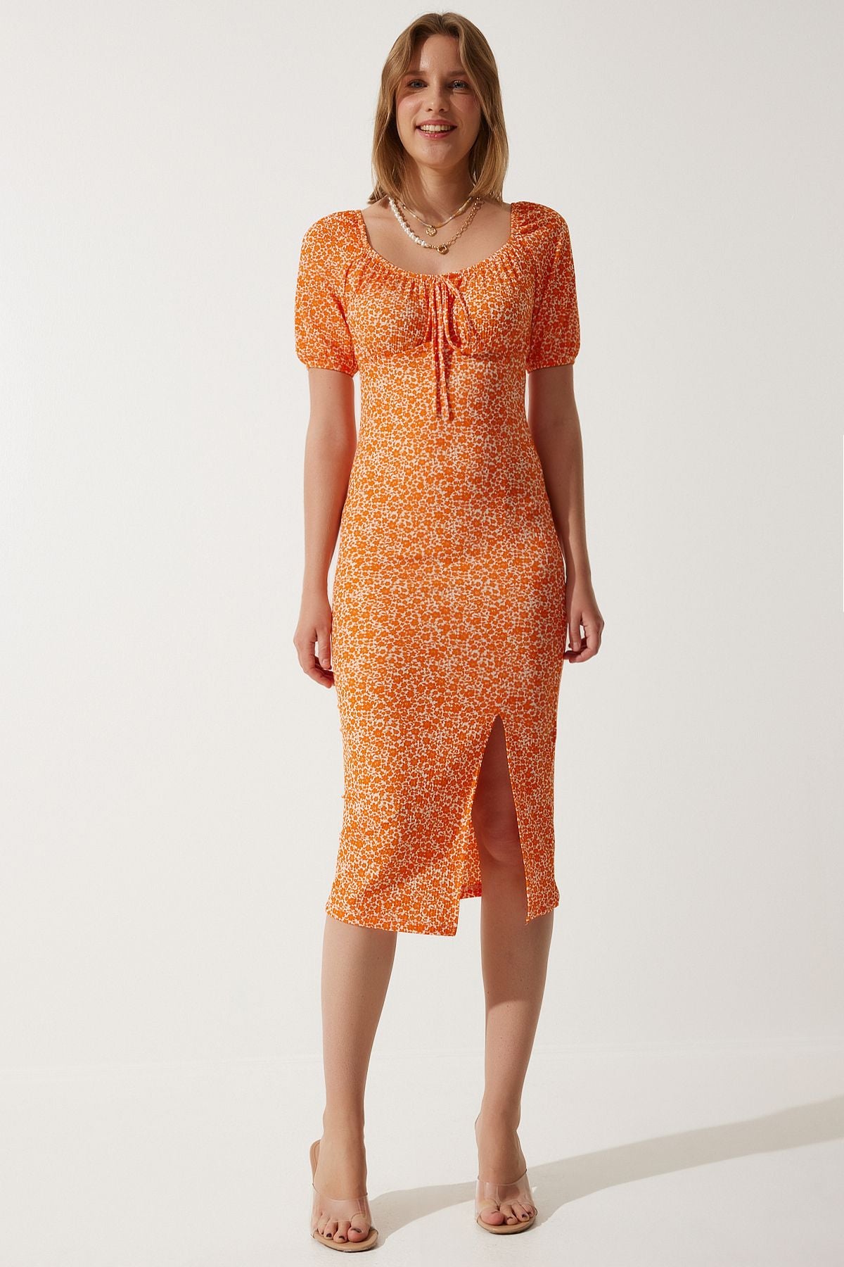 Female Orange Patterned Shirred Knitting Dress CI00102