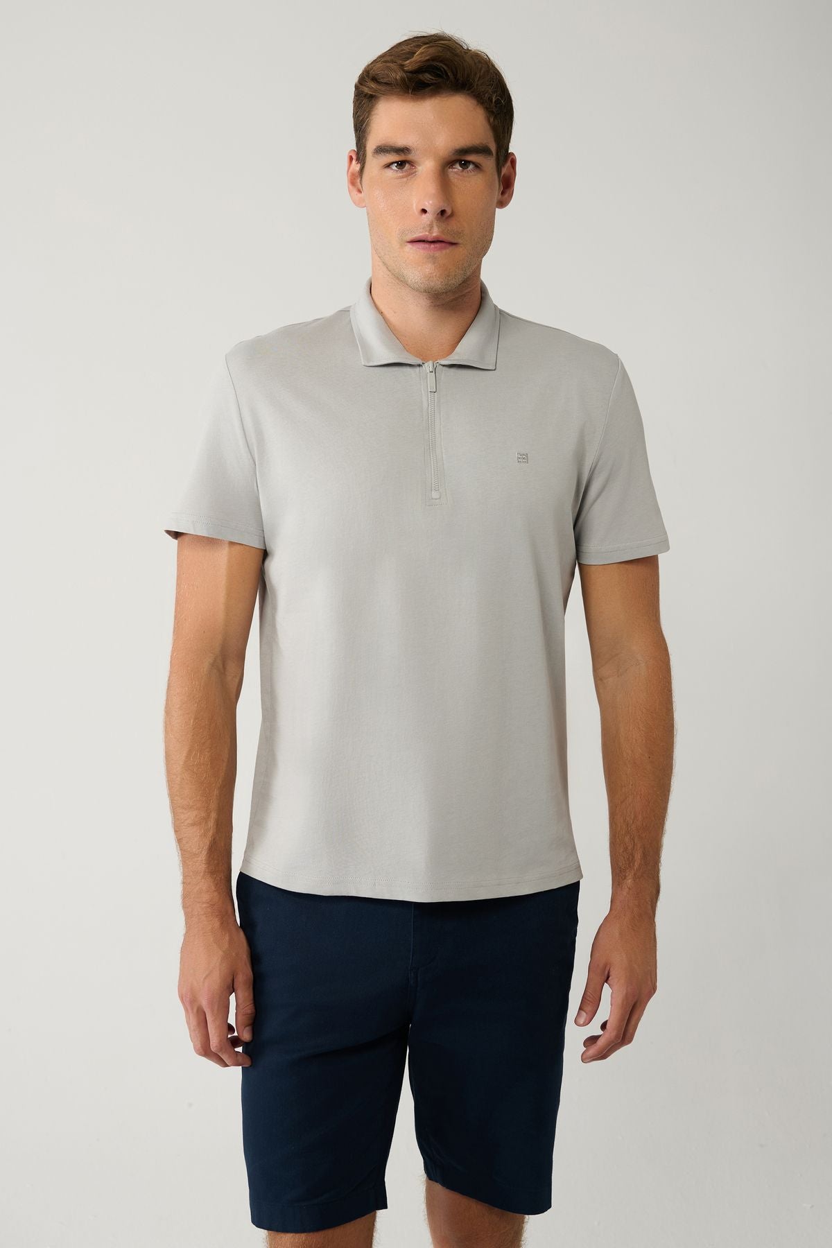 Men's Gray 100 %Cotton Zippered Polo Yaka T-shirt E001034