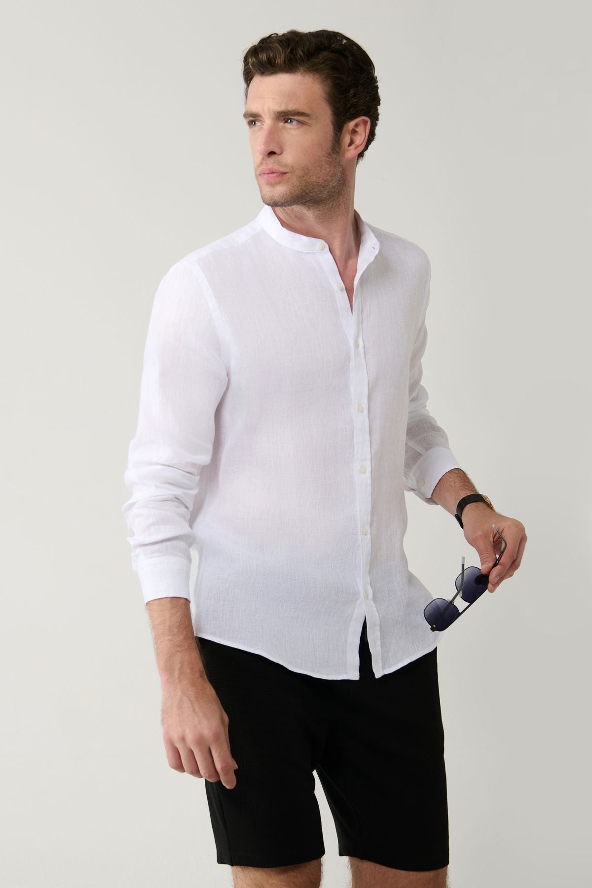 Male White Judge Neck 100 %Linen Shirt B002035