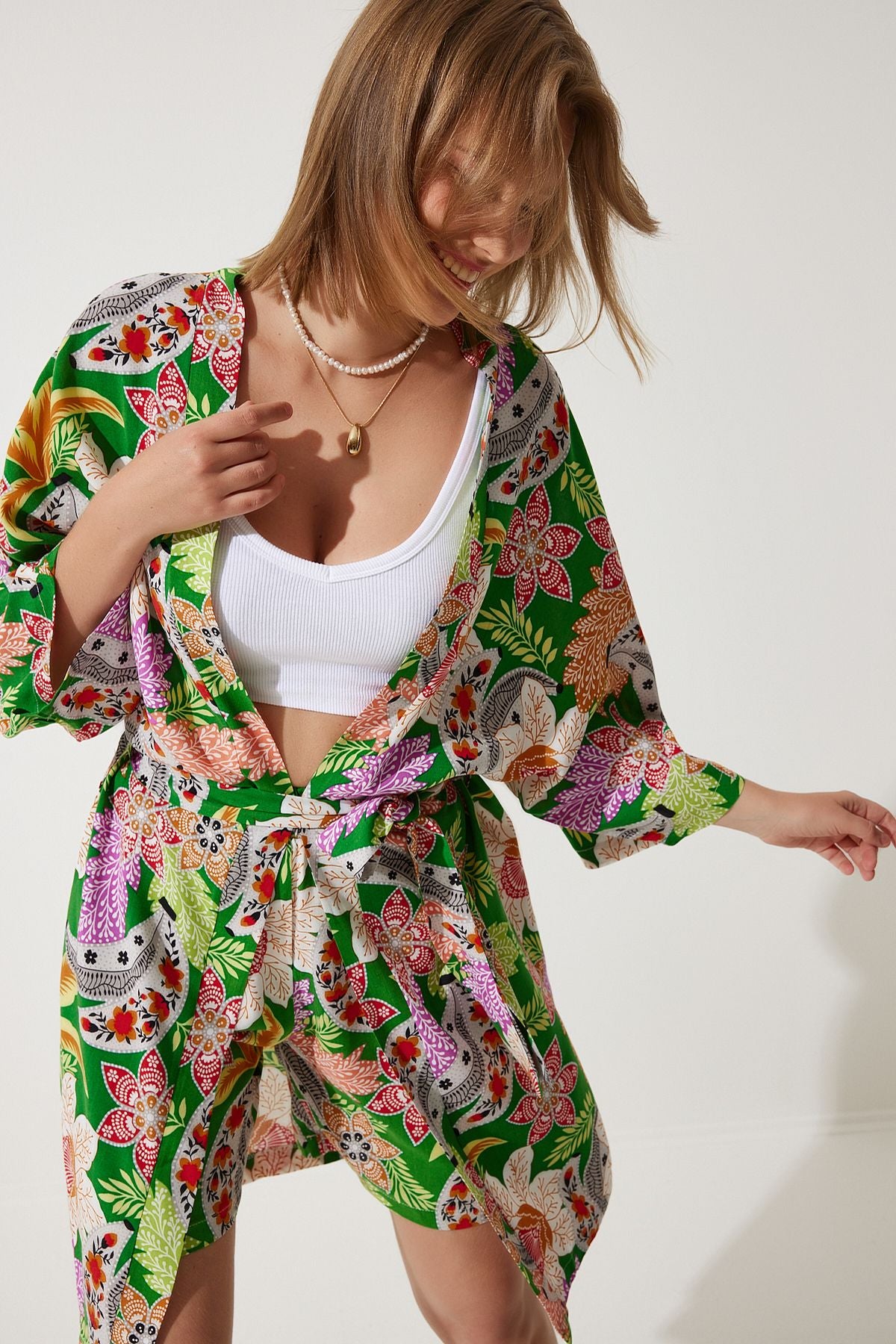 Female green cottage viscose kimono shorts team BP00161