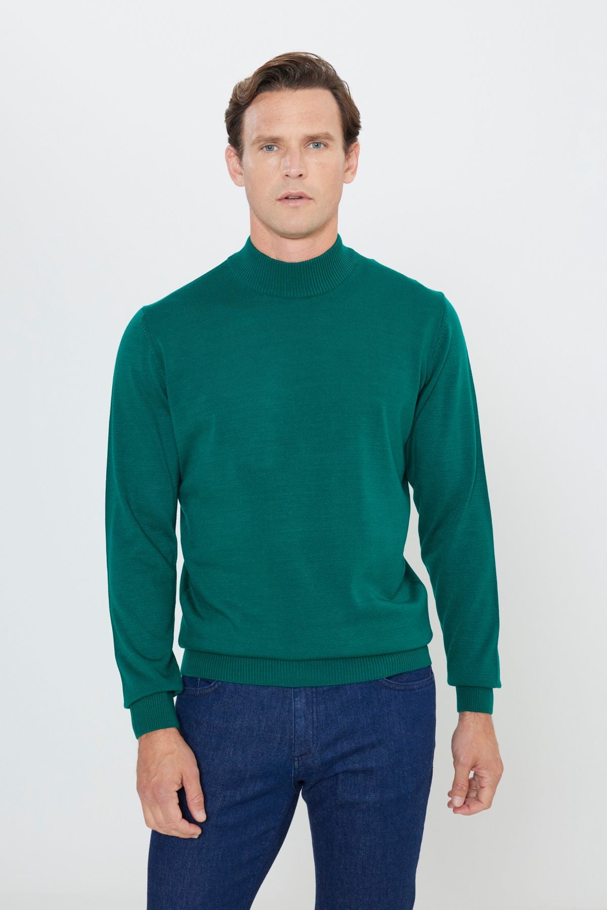 Men's dark green hair growth standard fit normal cut half fisherman collar knitwear sweater