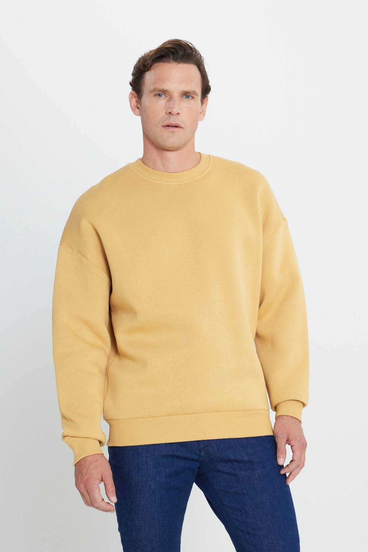 Men's mustard oversize fit abundant cut cotton polar polar 3 -IP bicycle collar sweatshirt