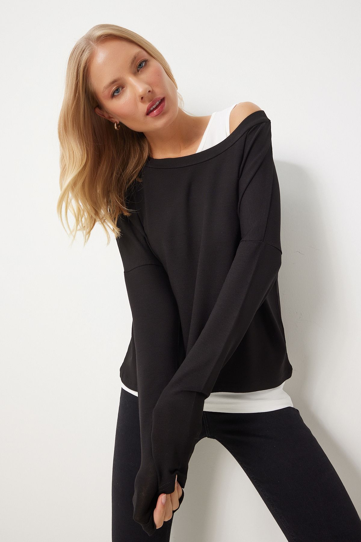 Women's Black Athlete Binary Knitwear Knitting Blouse EN00619
