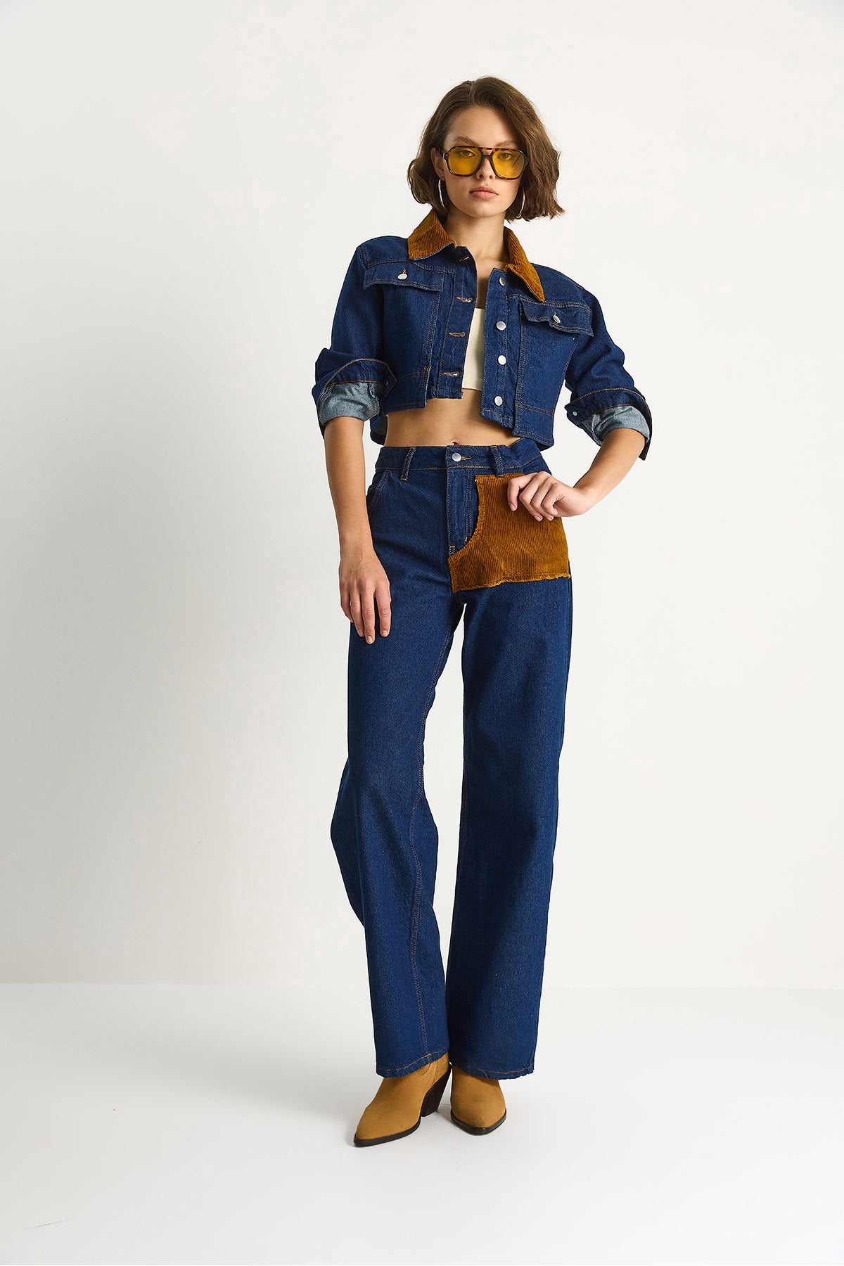 Women's Velvet Collar Jacket Color Block Wide Leg Trousers Denim Suit 6087 60283532